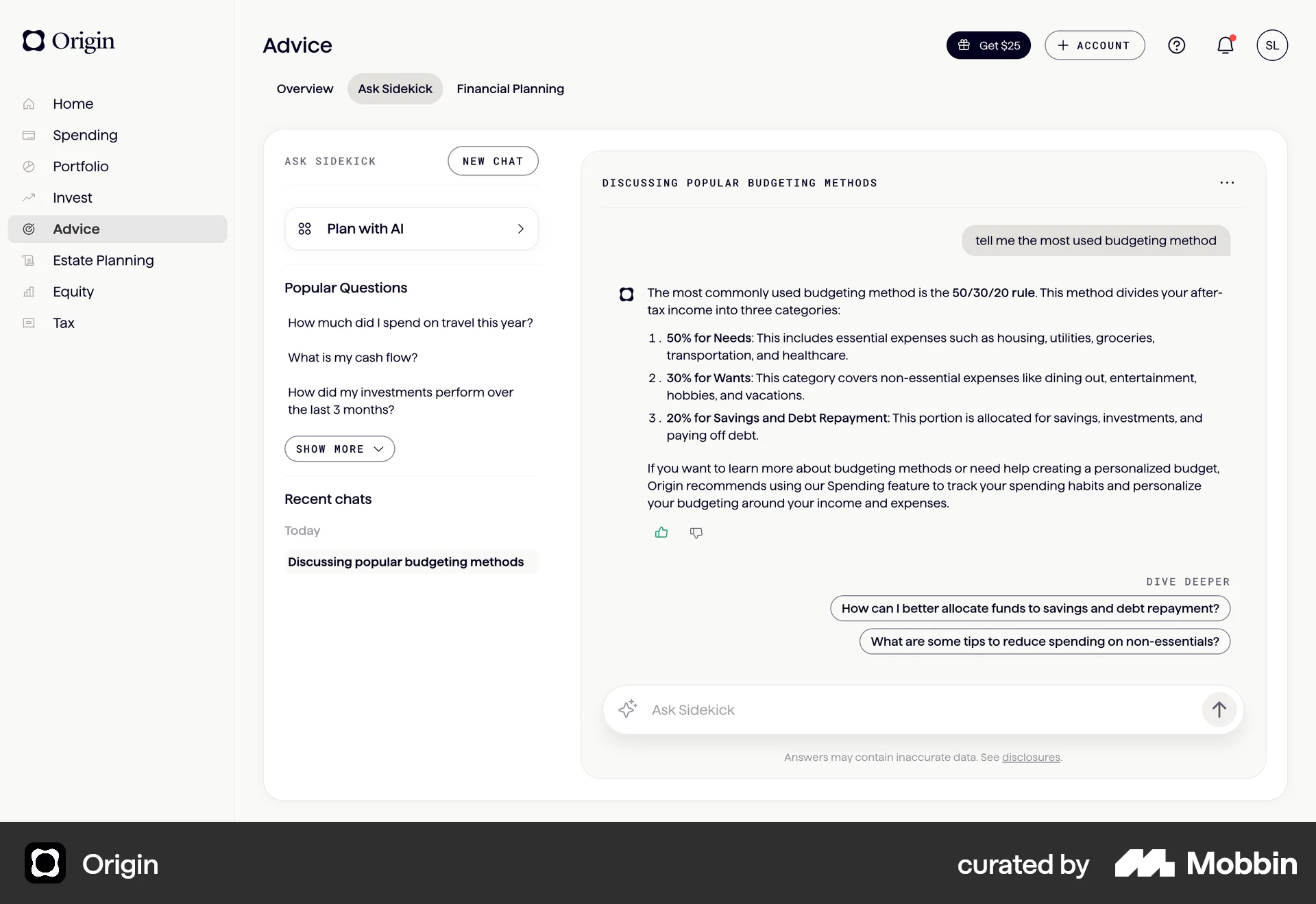 Origin Web Chat Bot screen