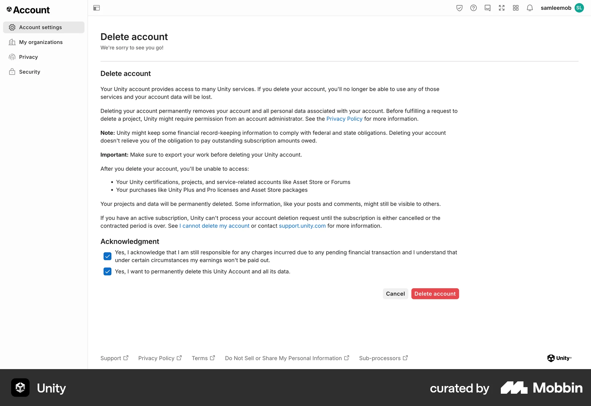 Unity Web Delete & Deactivate Account screen