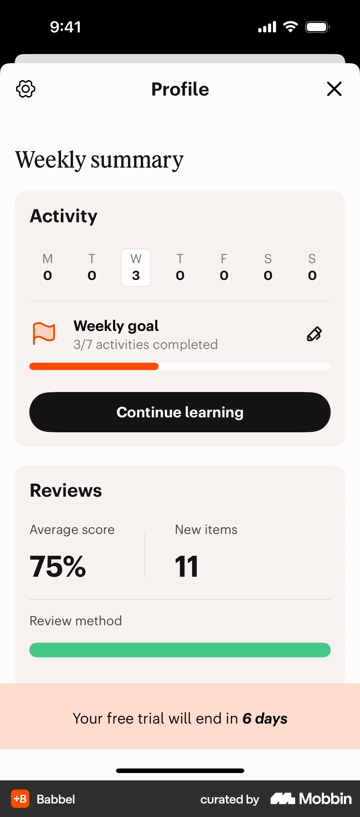 Babbel iOS Calendar screen