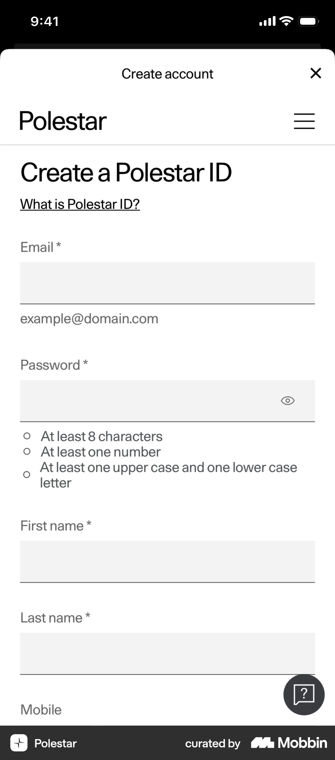 Polestar iOS Signup screen