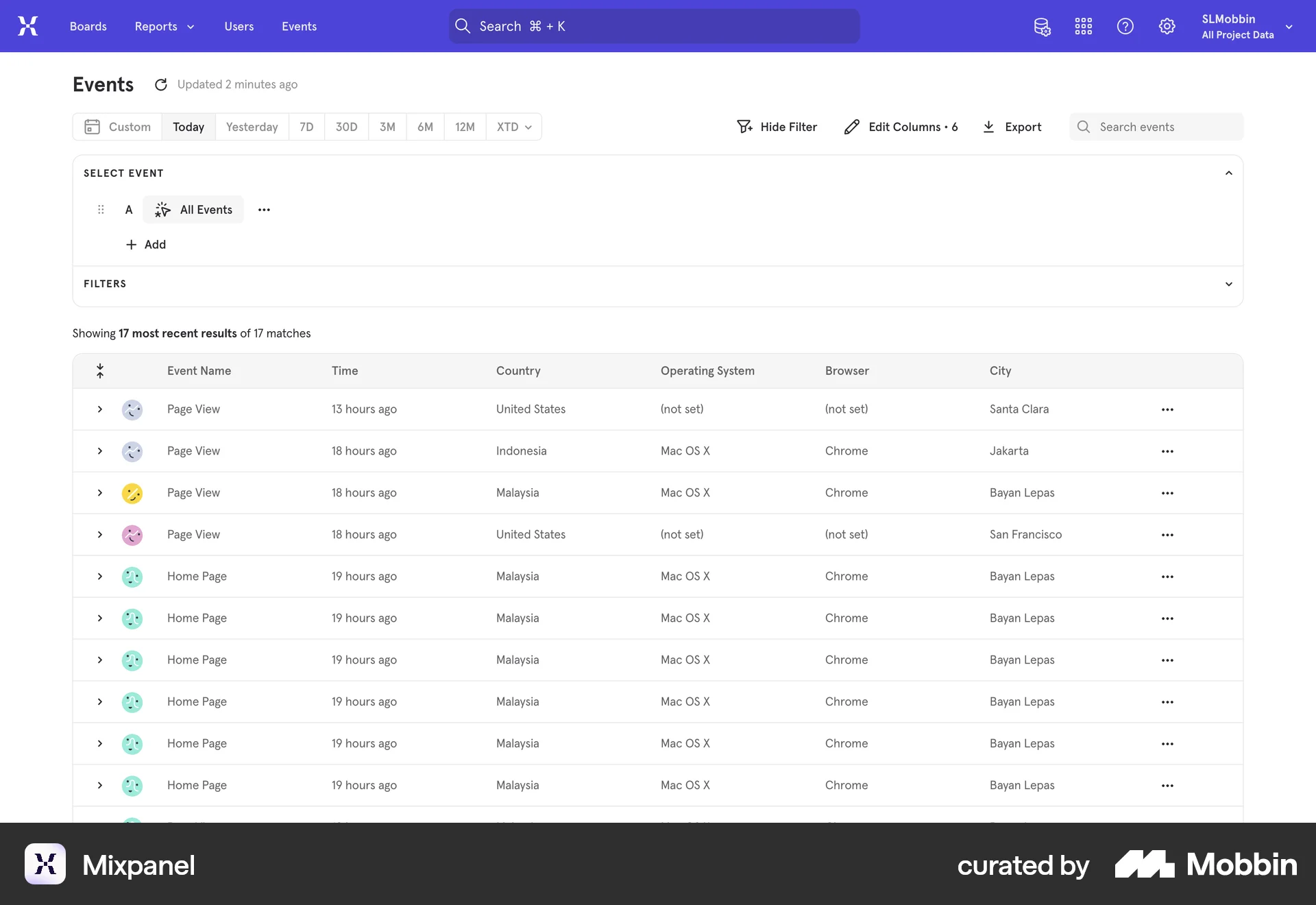 Mixpanel Web screen containing Segmented Control UI element