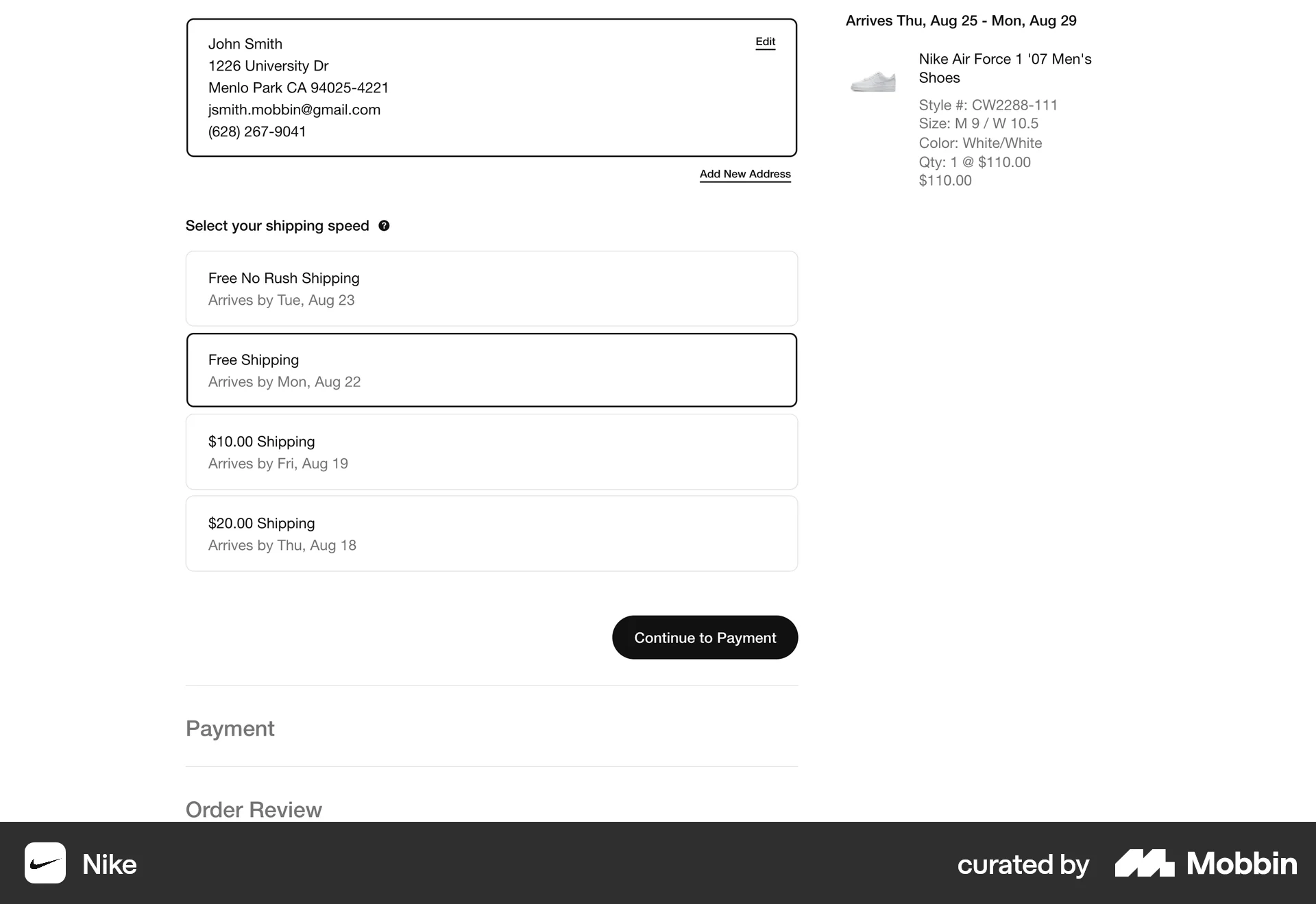 Nike Web Checkout screen