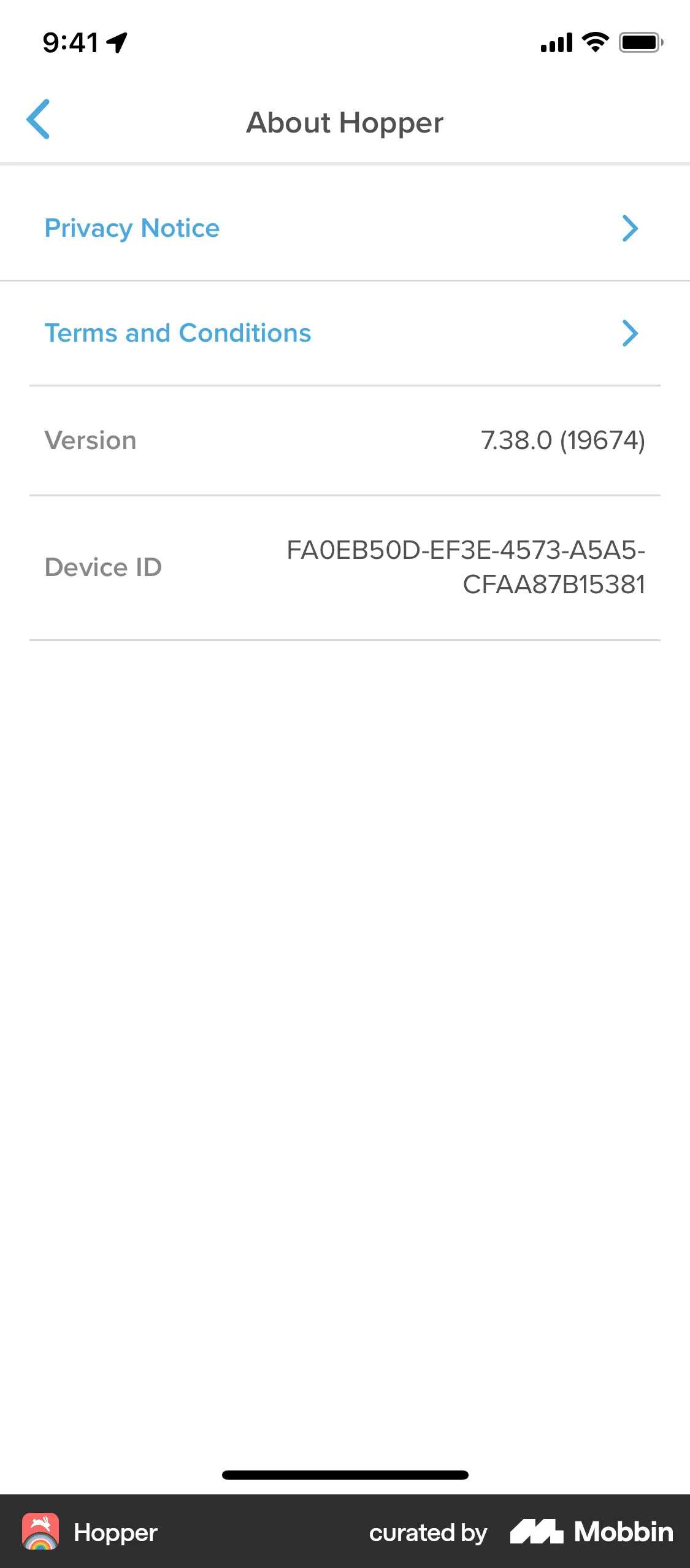 Hopper iOS About screen