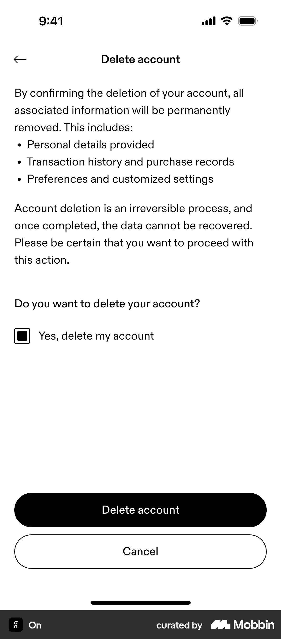 On iOS Delete & Deactivate Account screen