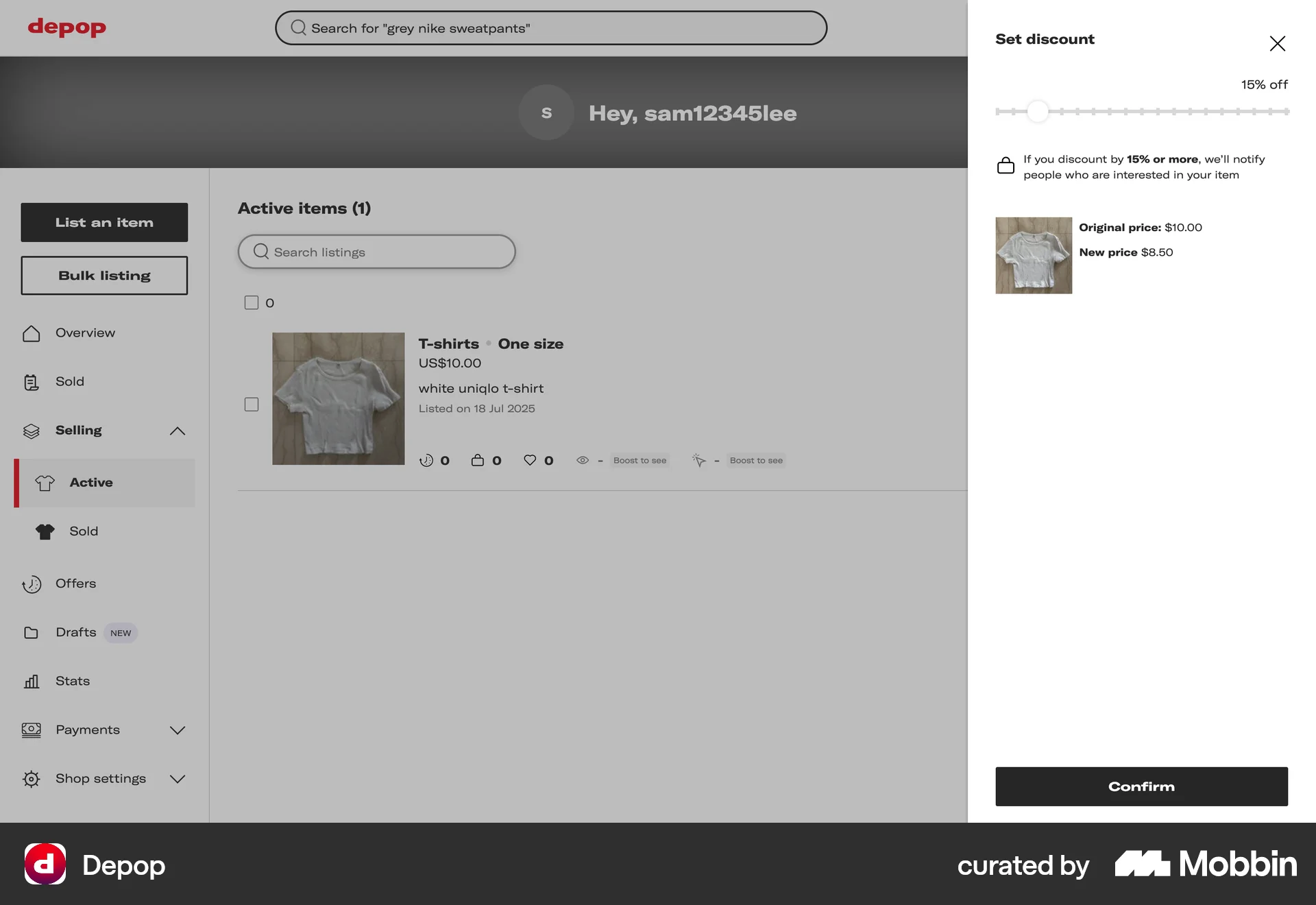 Depop Web screen containing Slider UI element