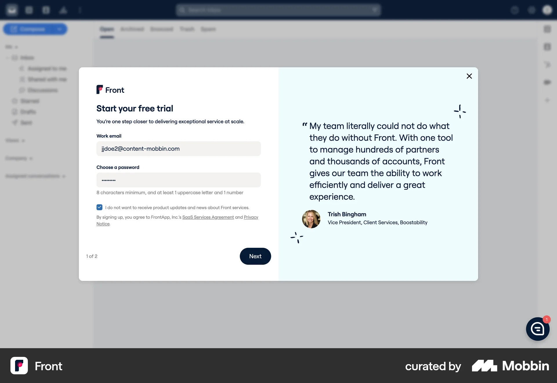 Front Web Signup screen