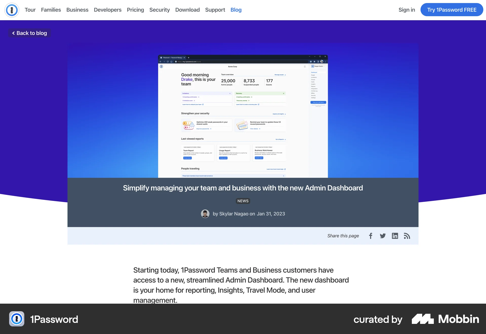 1Password Web Admin Dashboard screen