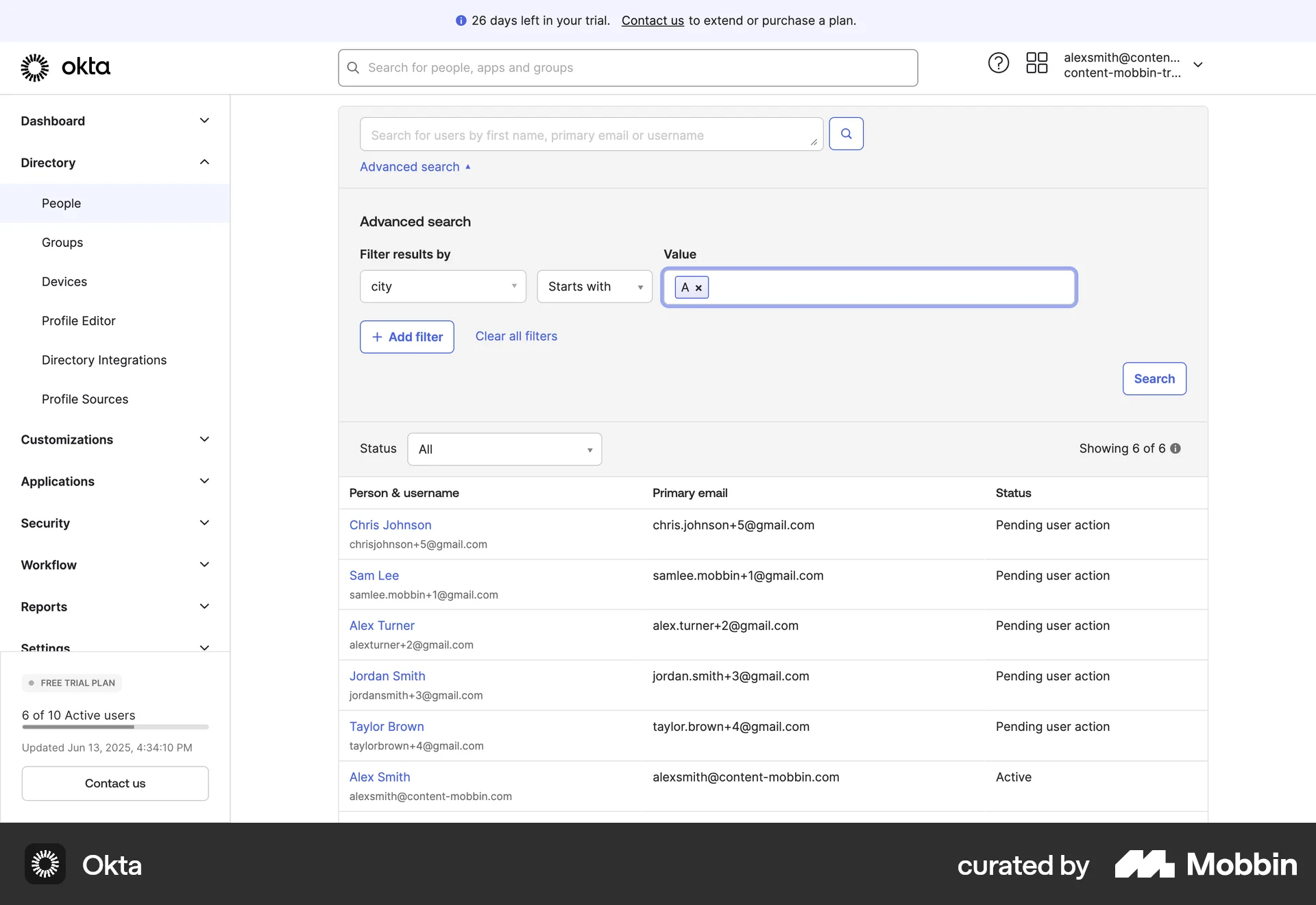 Okta Web Filter & Sort screen
