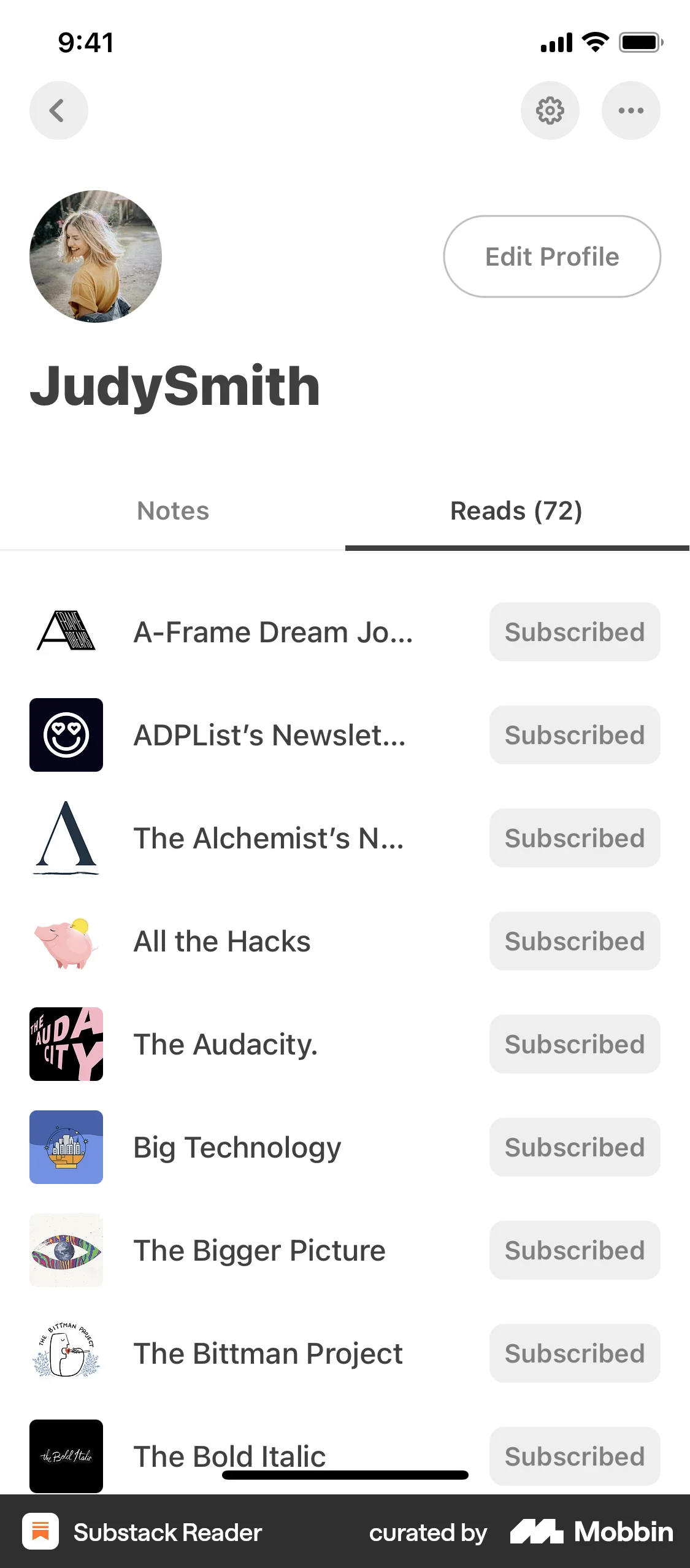 Substack iOS Follow & Subscribe screen