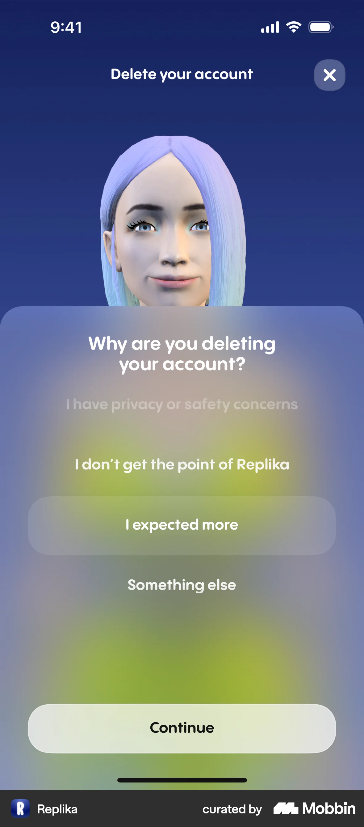 Replika iOS Feedback screen