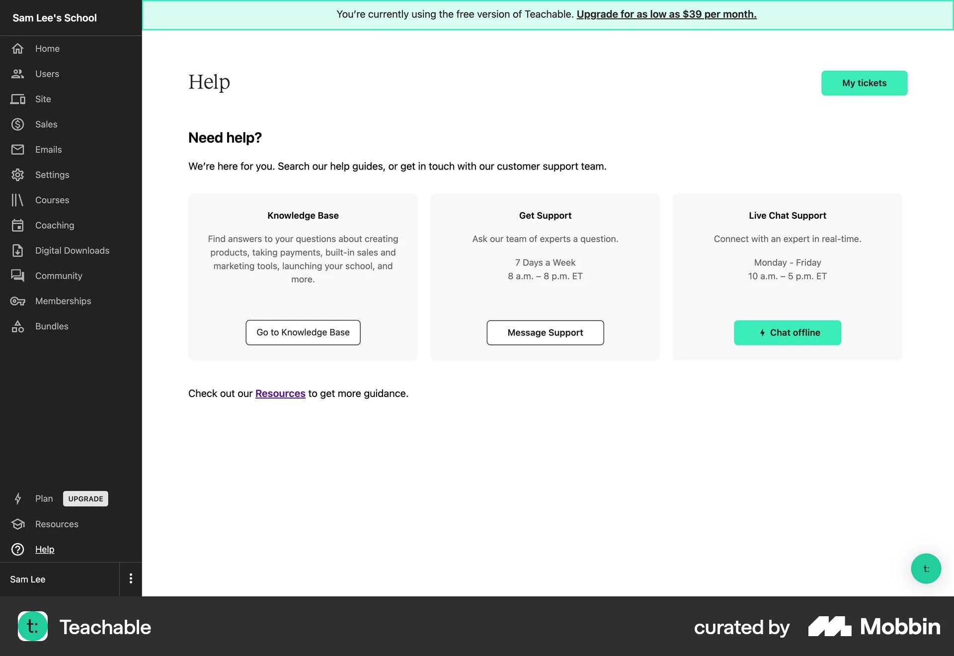 Teachable Web Help & Support screen