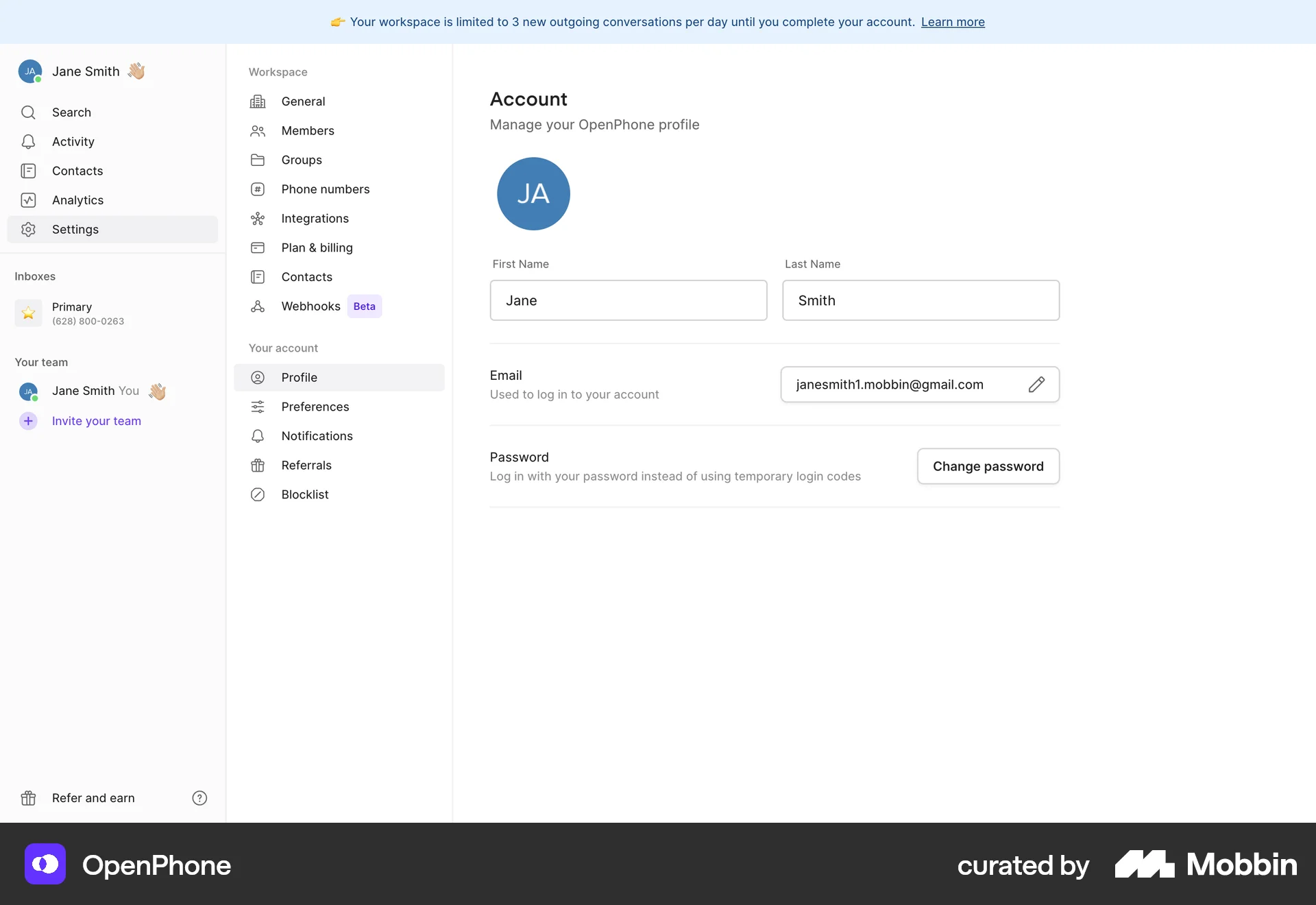OpenPhone Web My Account & Profile screen