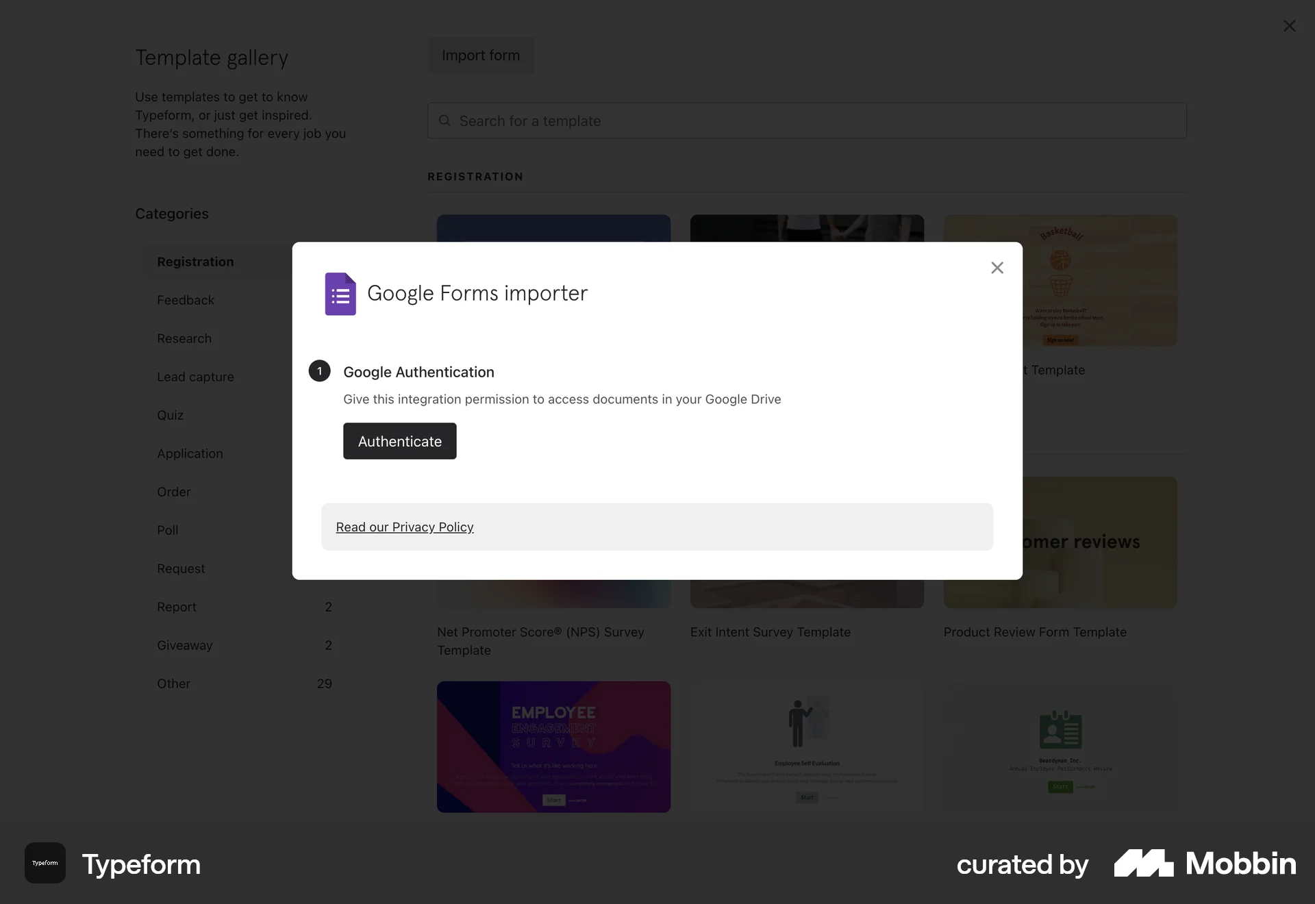 Typeform Web Permission screen