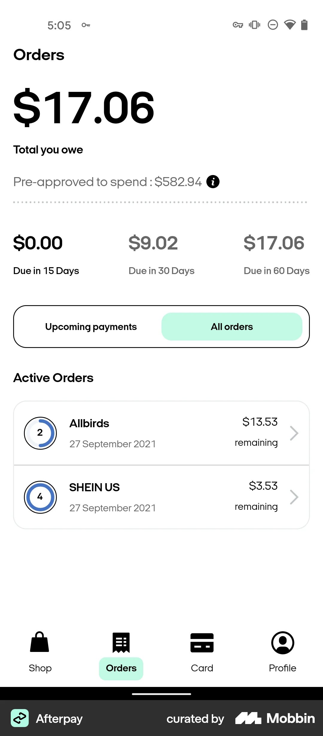 Afterpay Android Order History screen