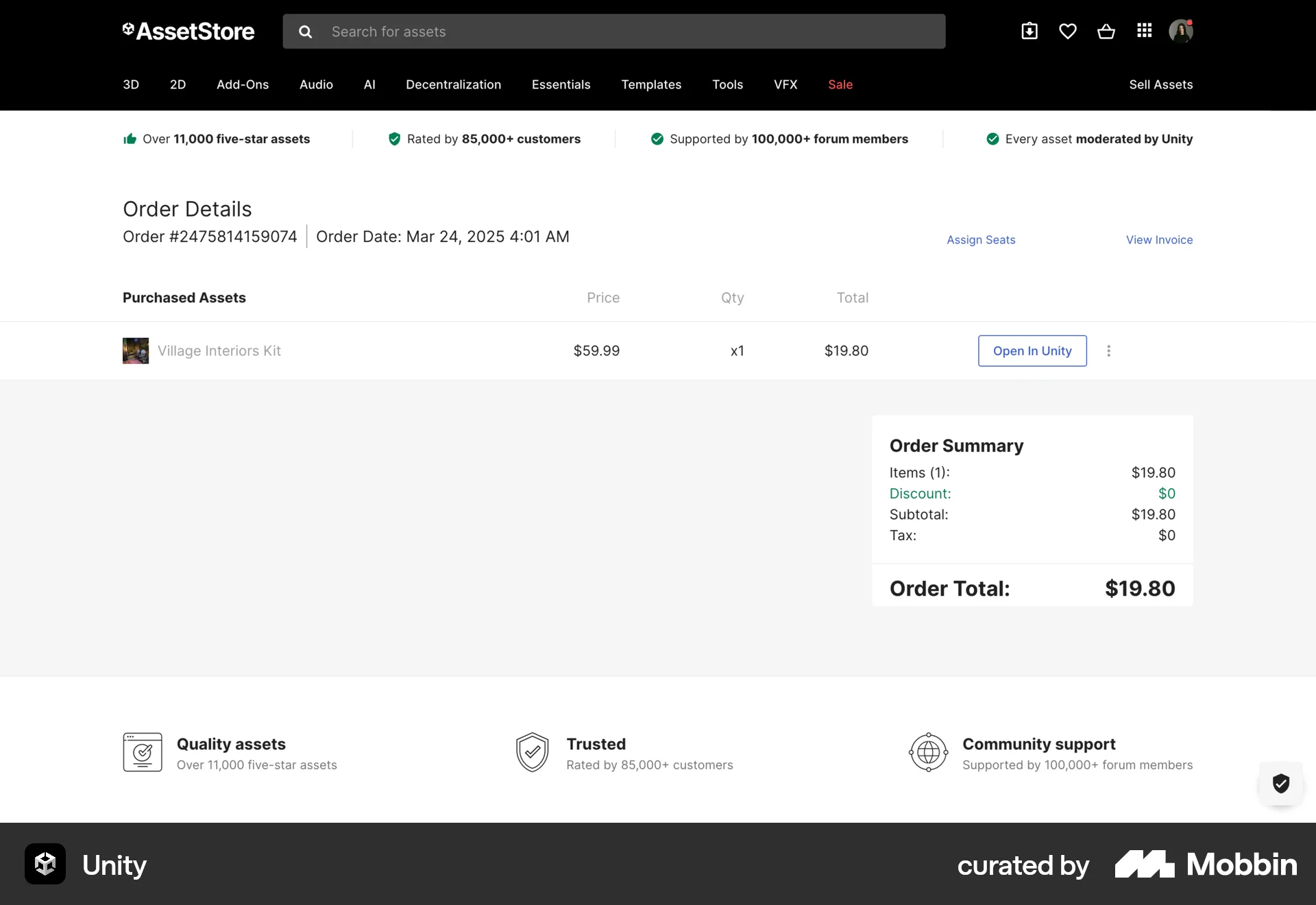 Unity Web Order Detail screen