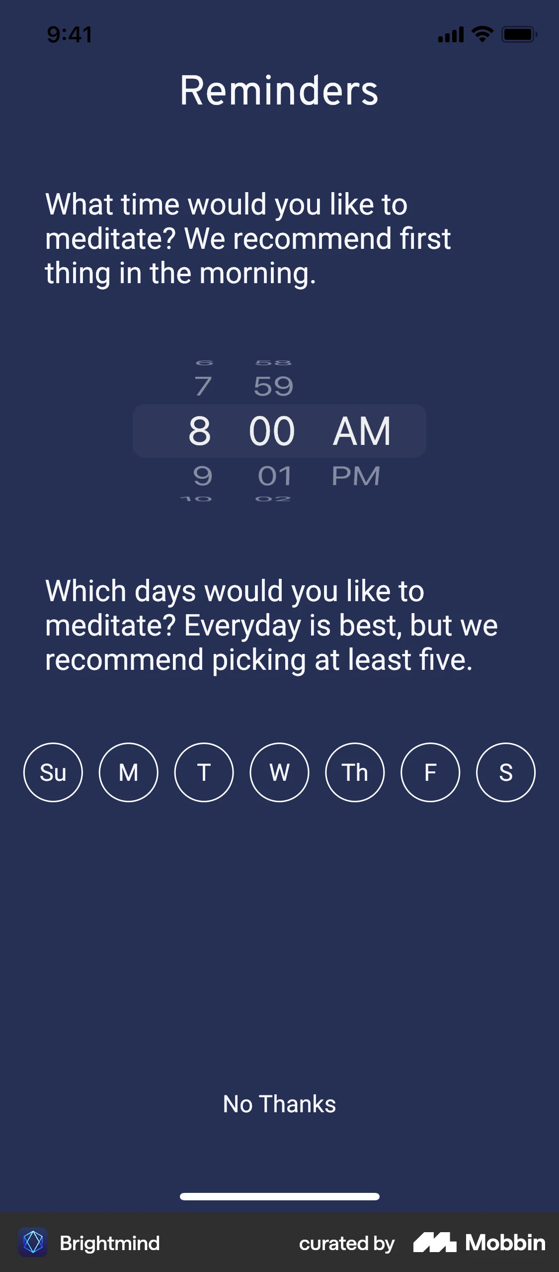 Brightmind iOS screen containing Time Picker UI element