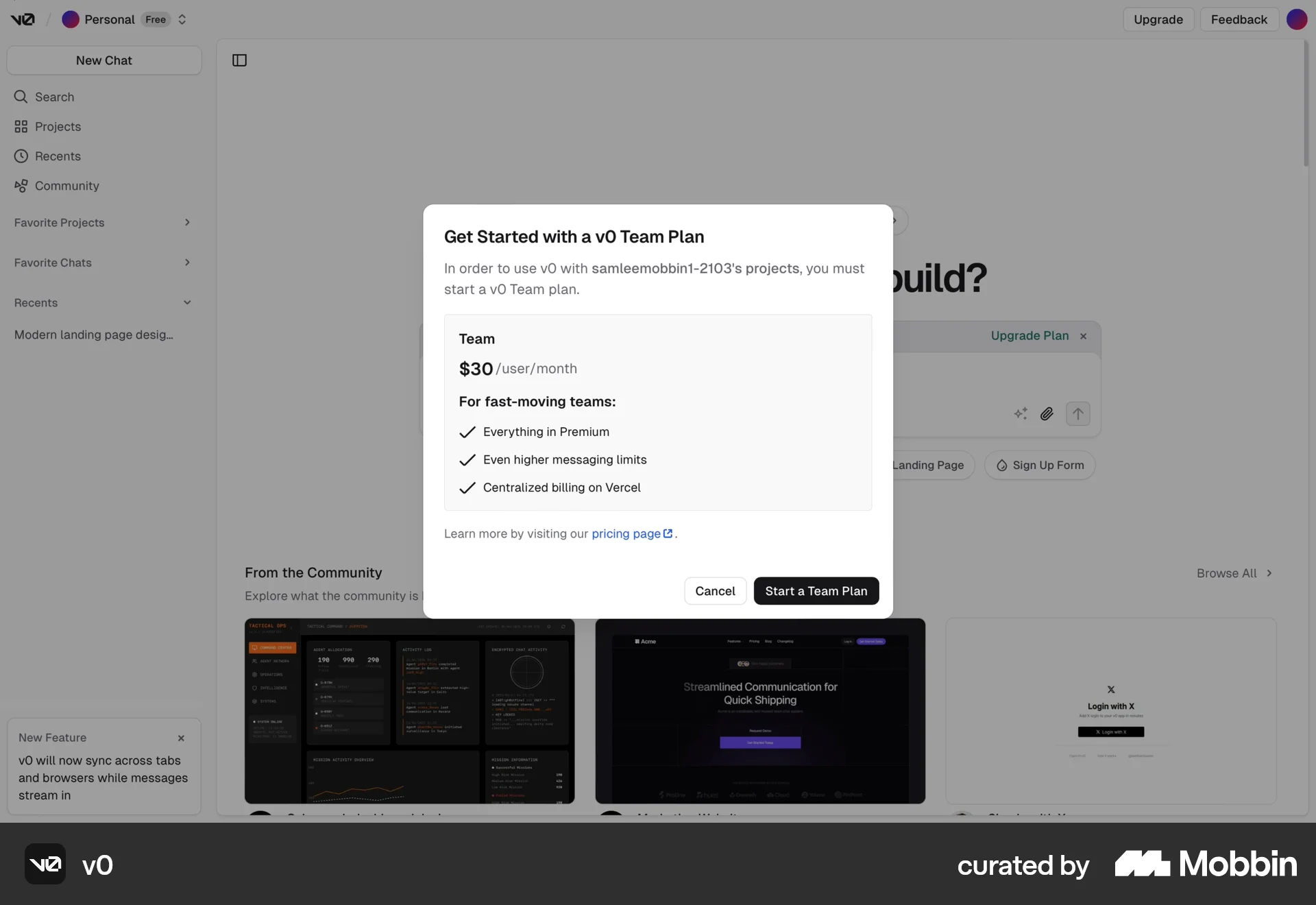 v0 Web Pricing screen