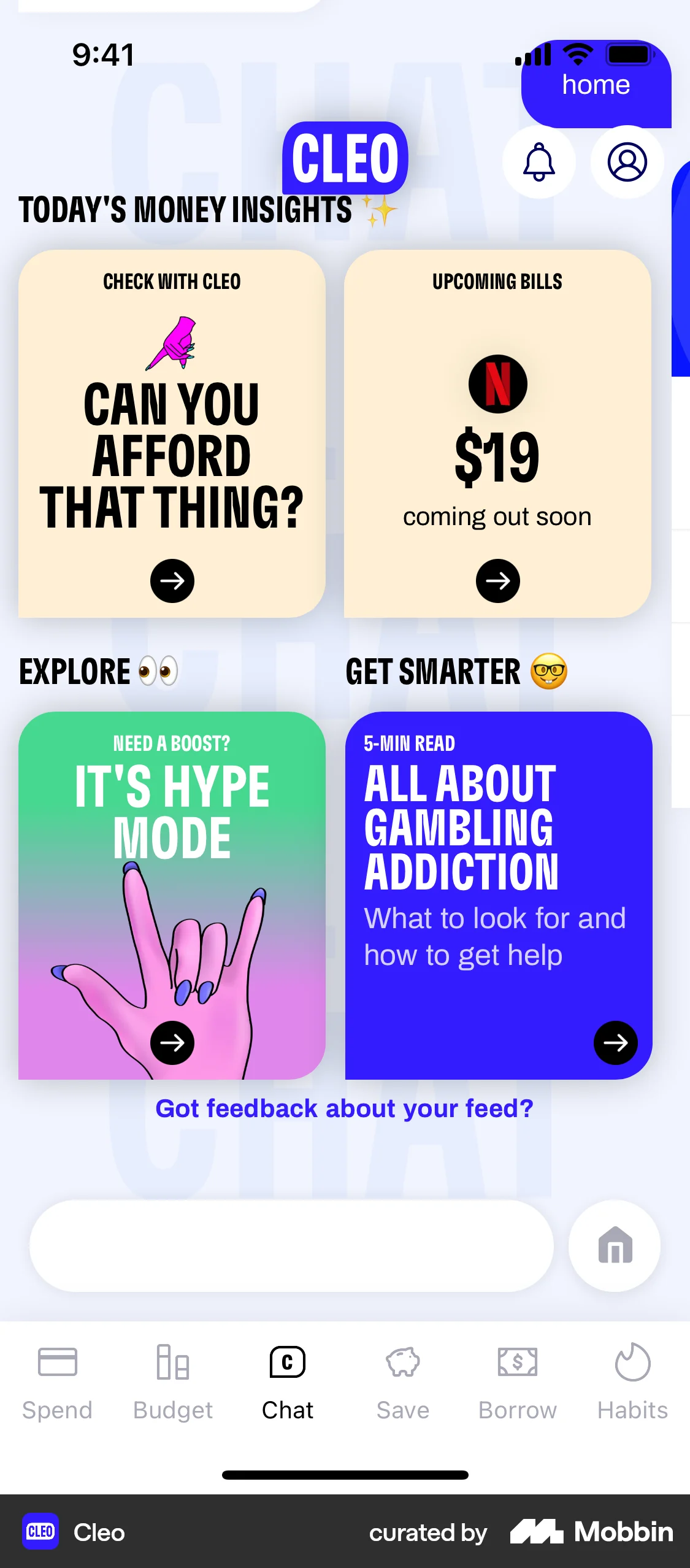 Cleo iOS Chat Bot screen