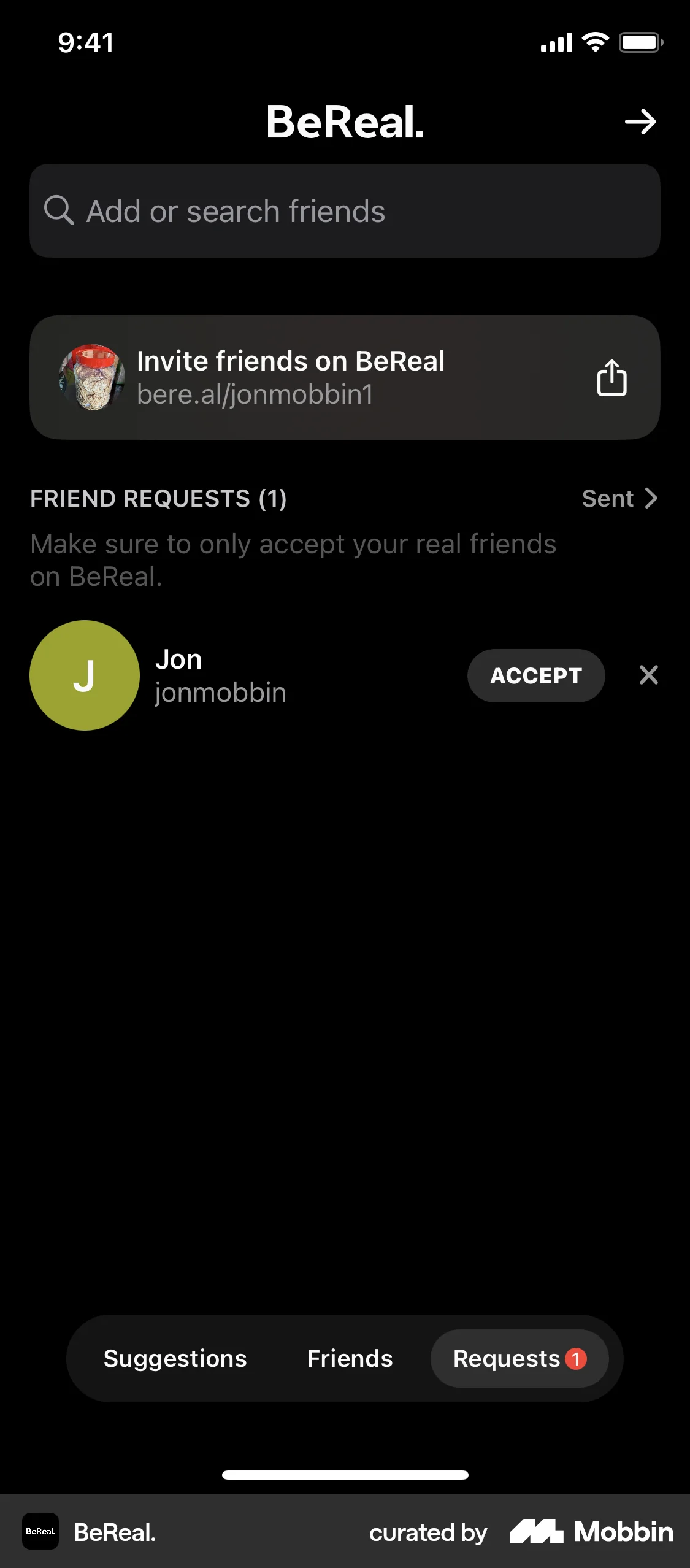 BeReal. iOS Followers & Following screen