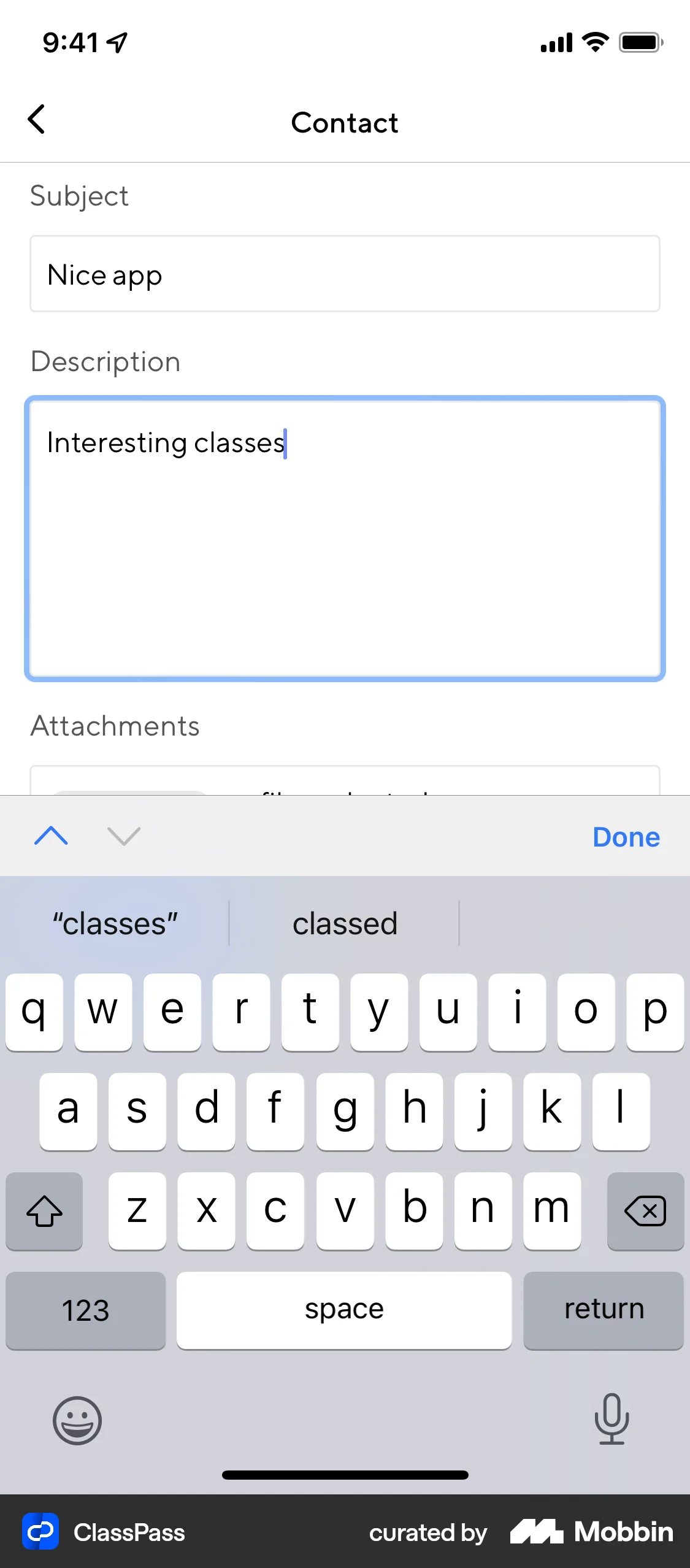 ClassPass iOS Feedback screen