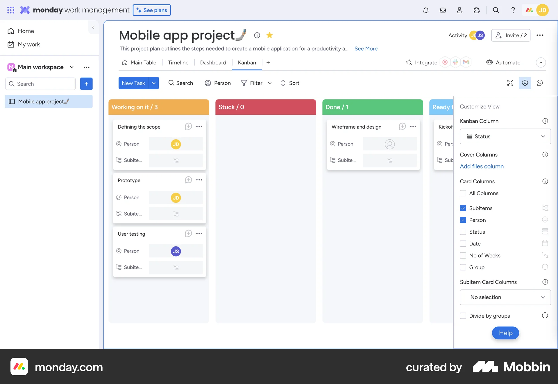 monday.com Web Kanban Board screen