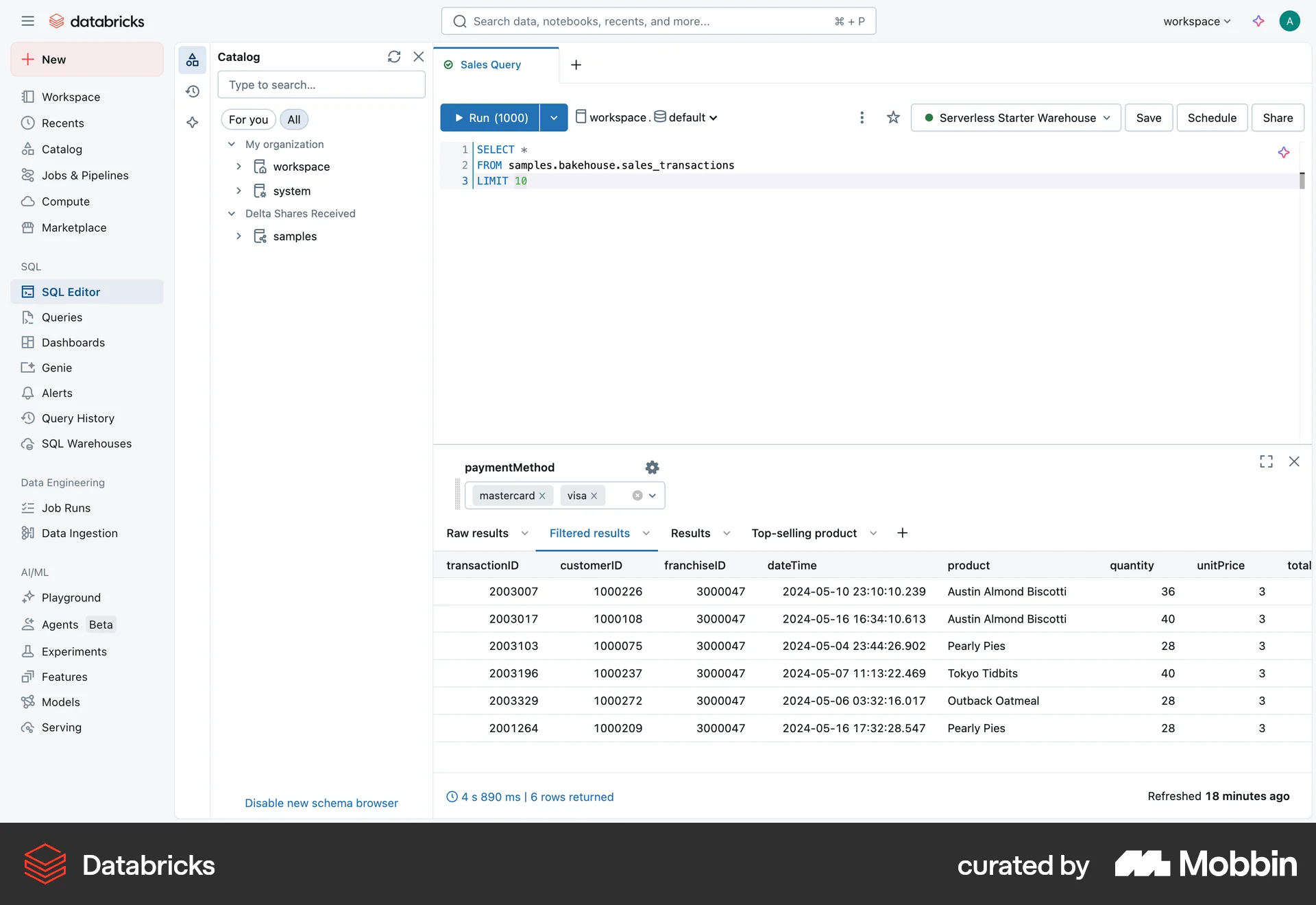 Databricks Web Filter & Sort screen
