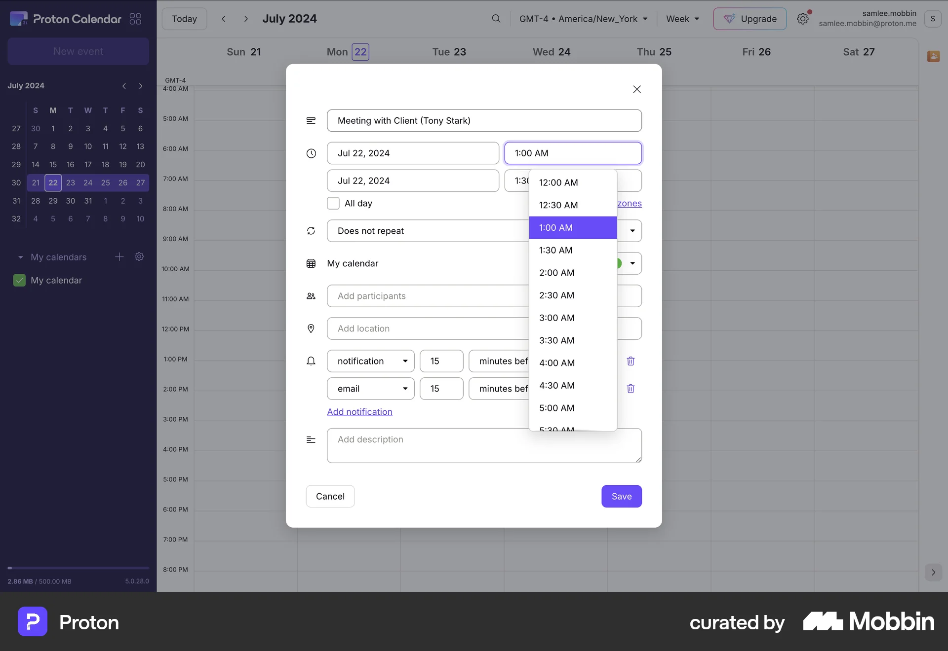 Proton Web screen containing Time Picker UI element
