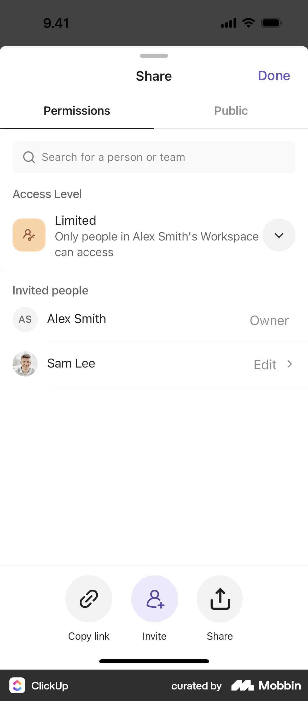 ClickUp iOS Share screen
