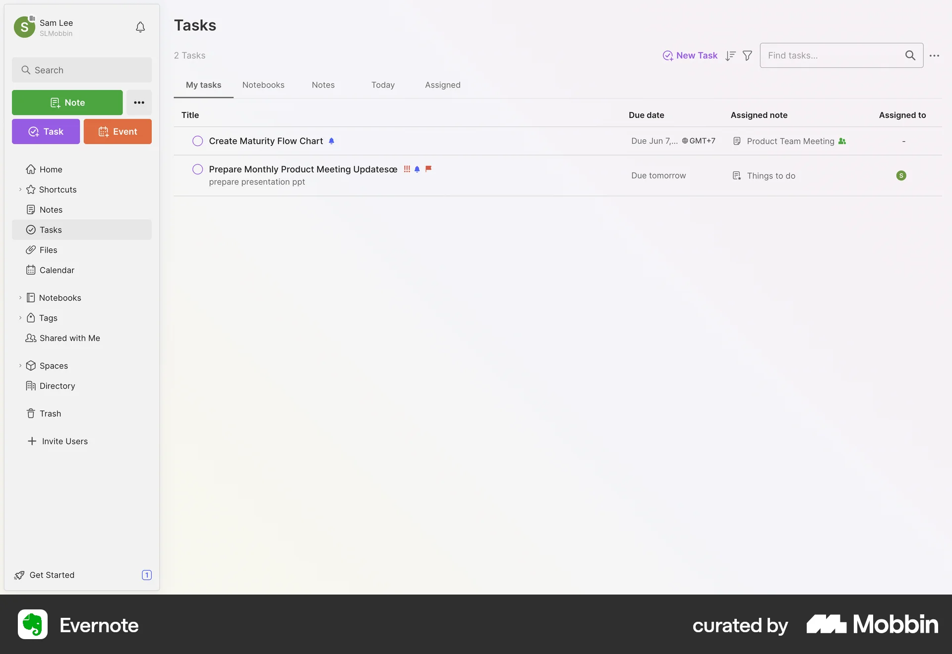 Evernote Web Goal & Task screen