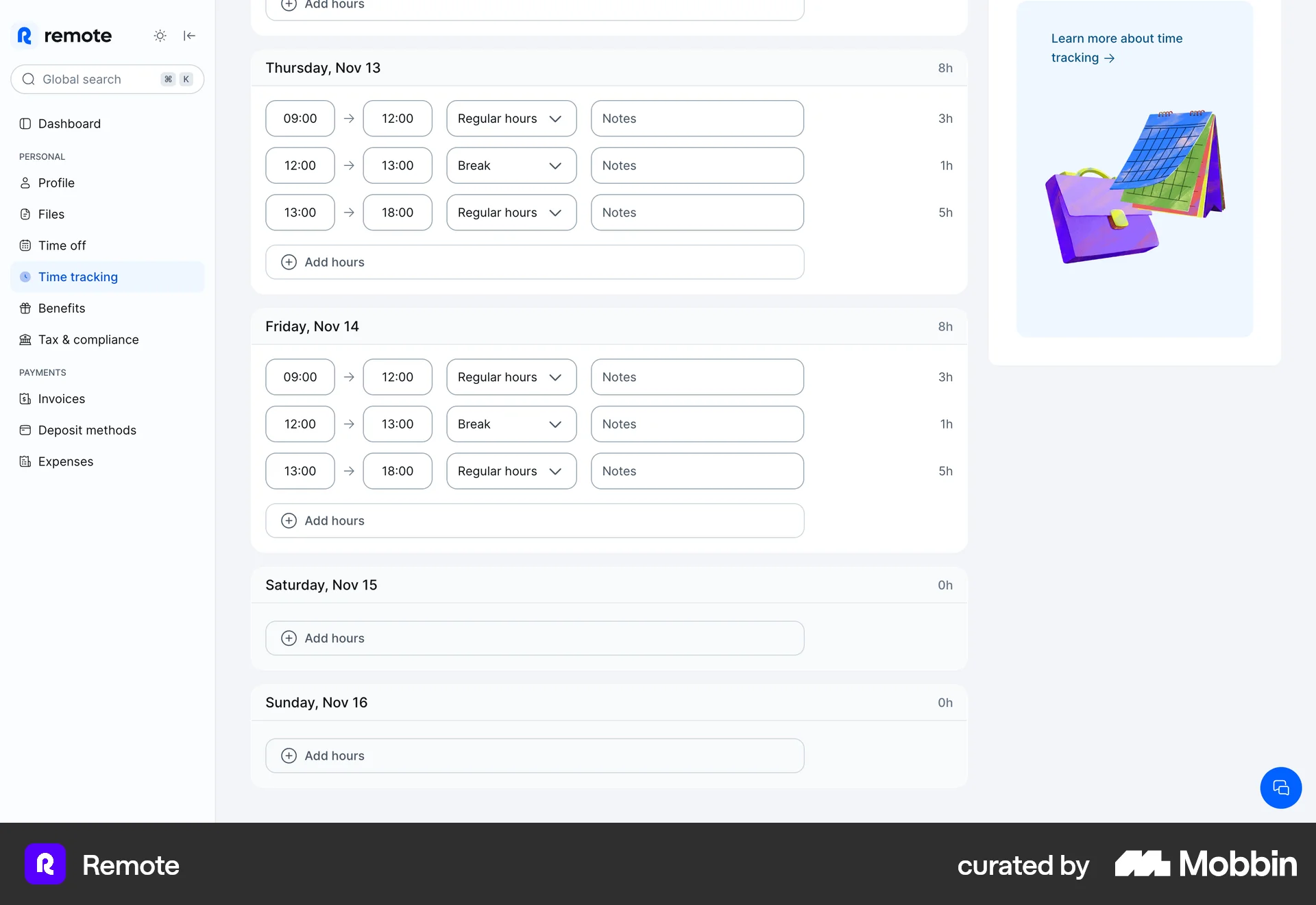 Remote Tracking working time screen