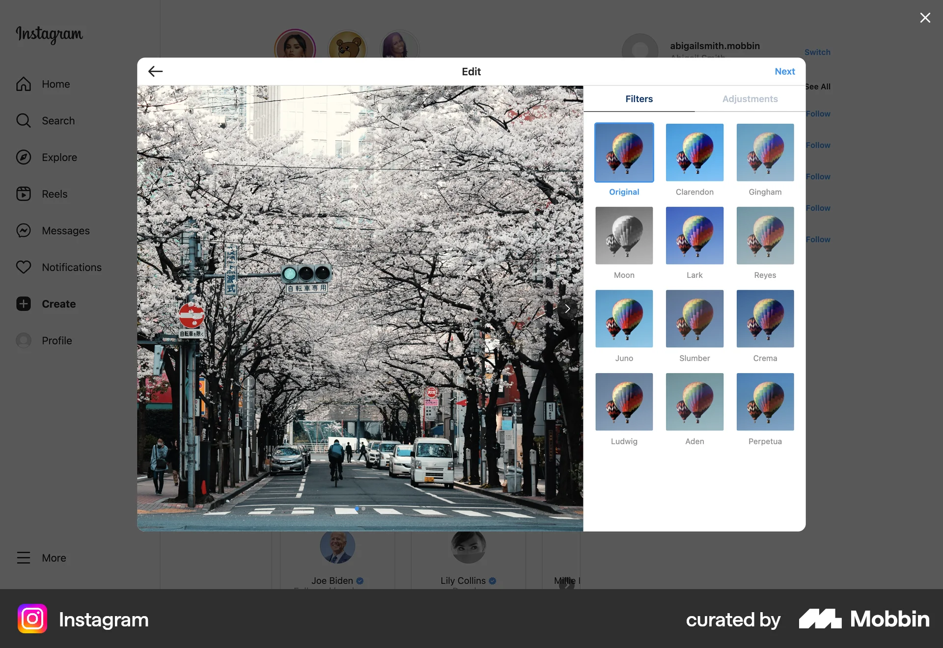 Instagram Web Media Editor screen