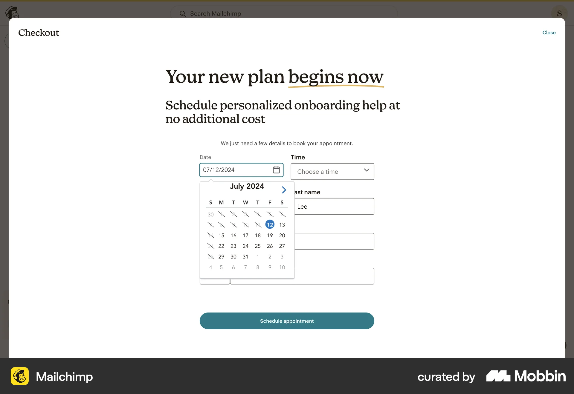 Mailchimp Web screen containing Date Picker UI element