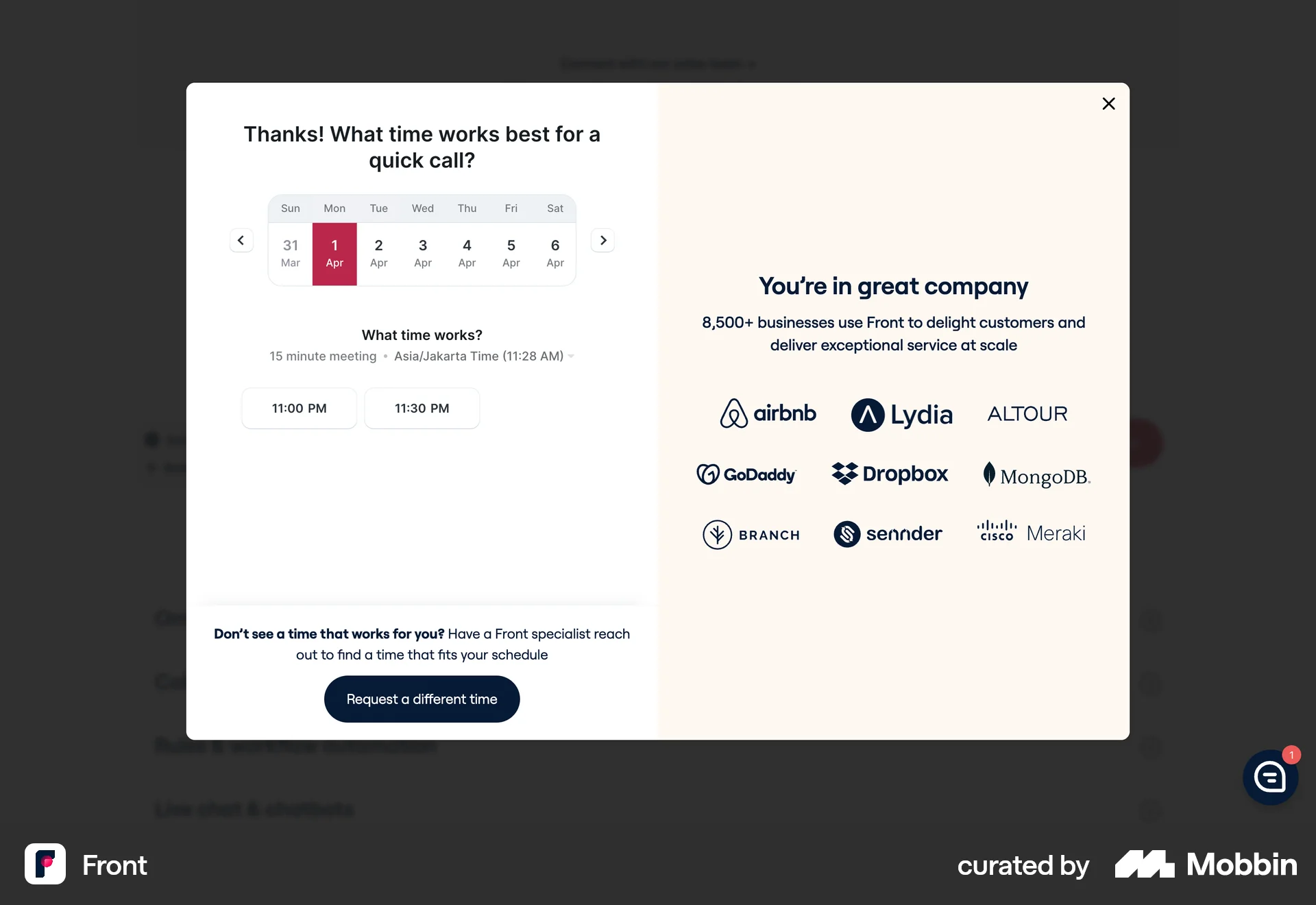 Front Web screen containing Time Picker UI element