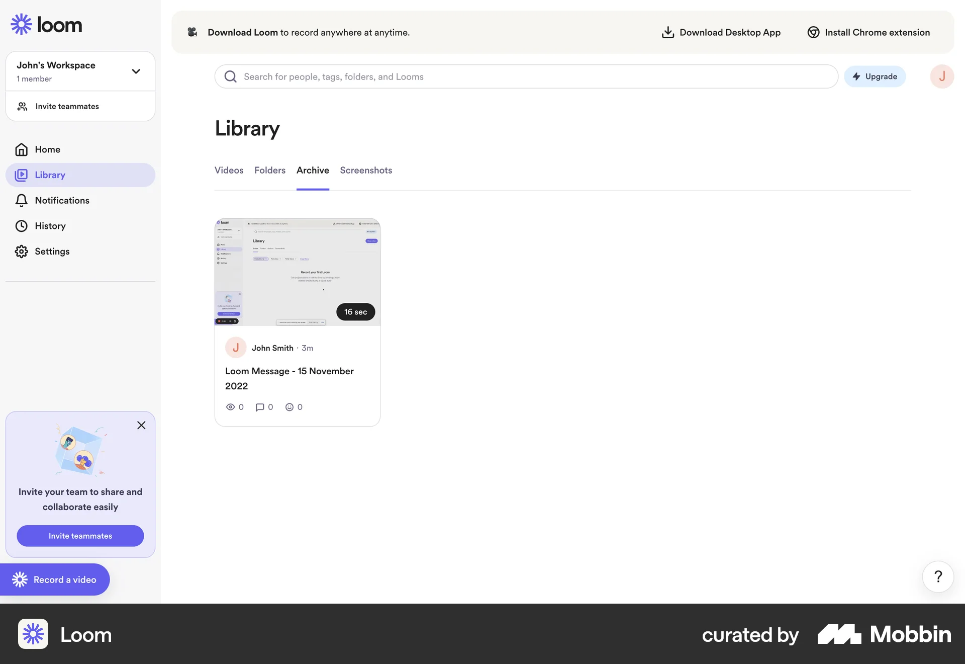 Loom Web Trash & Archive screen