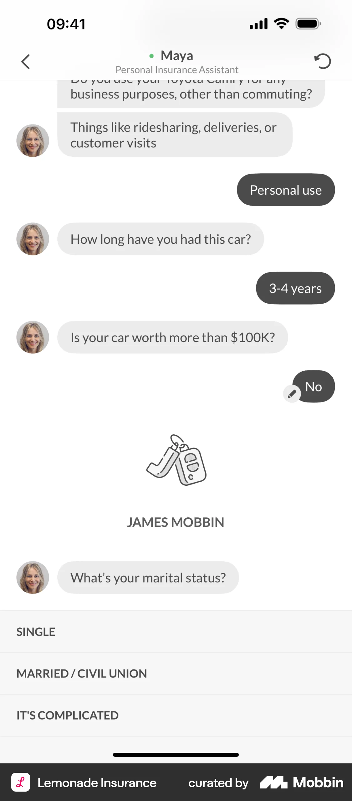 Lemonade Insurance iOS Chat Detail screen