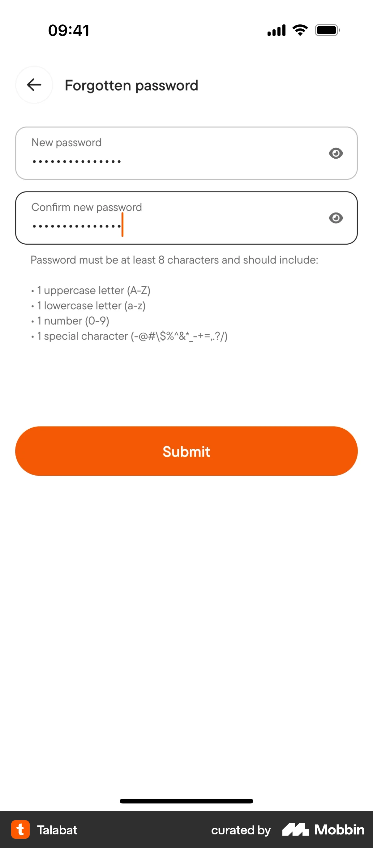 talabat iOS Forgot Password screen