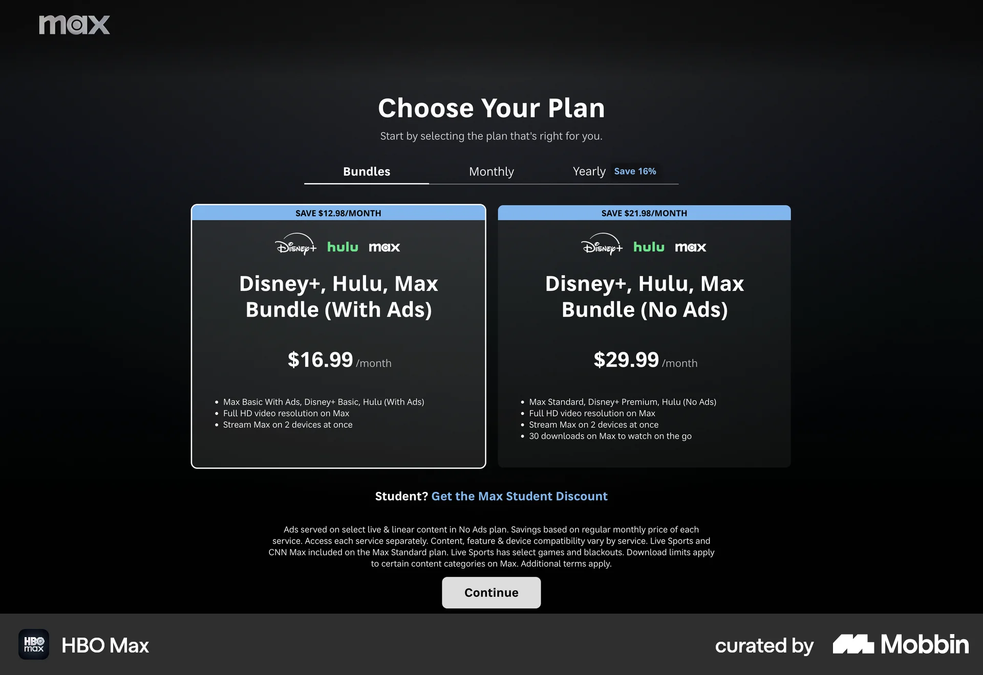 HBO Max Web Pricing screen
