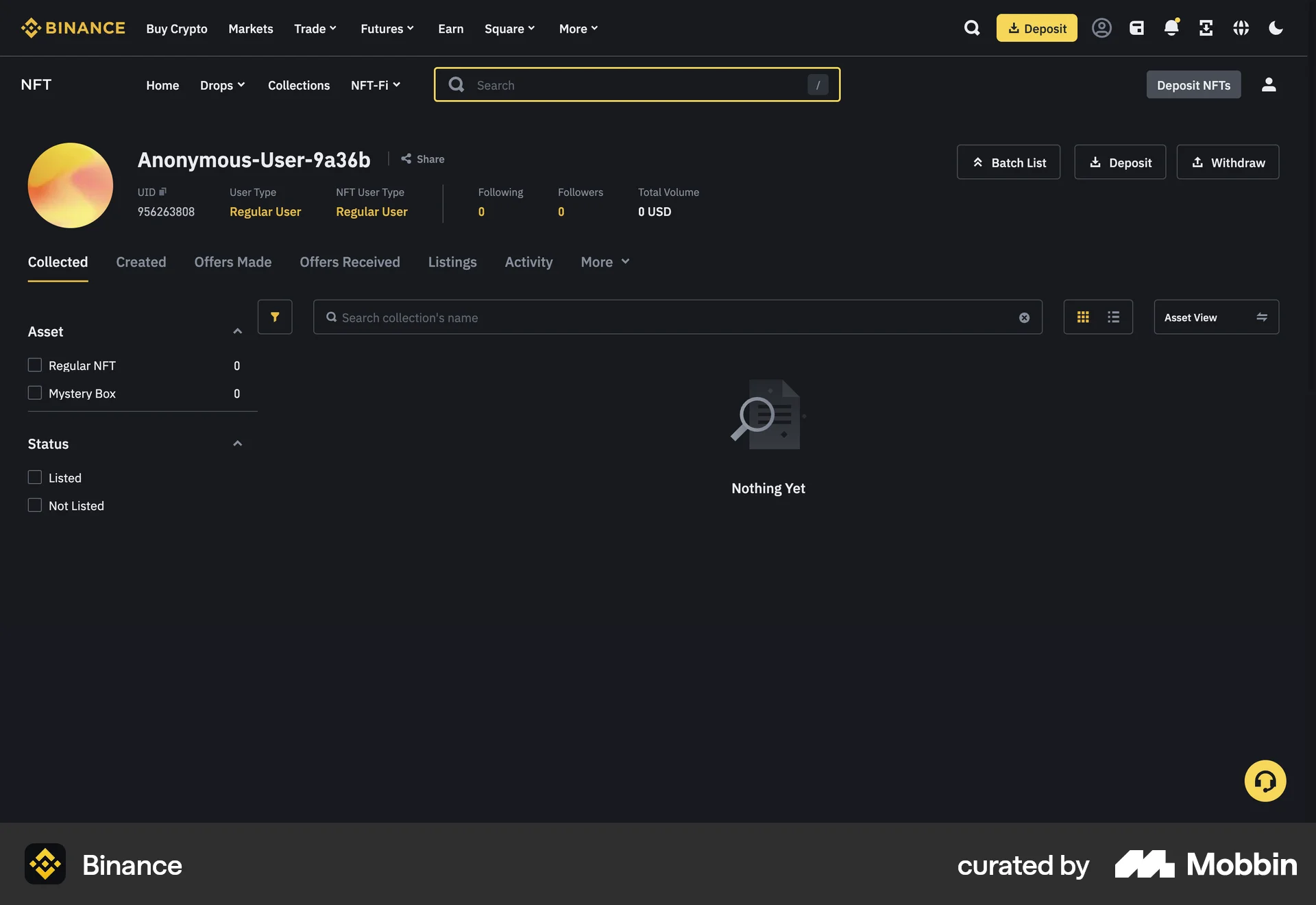 Binance Web User / Group Profile screen