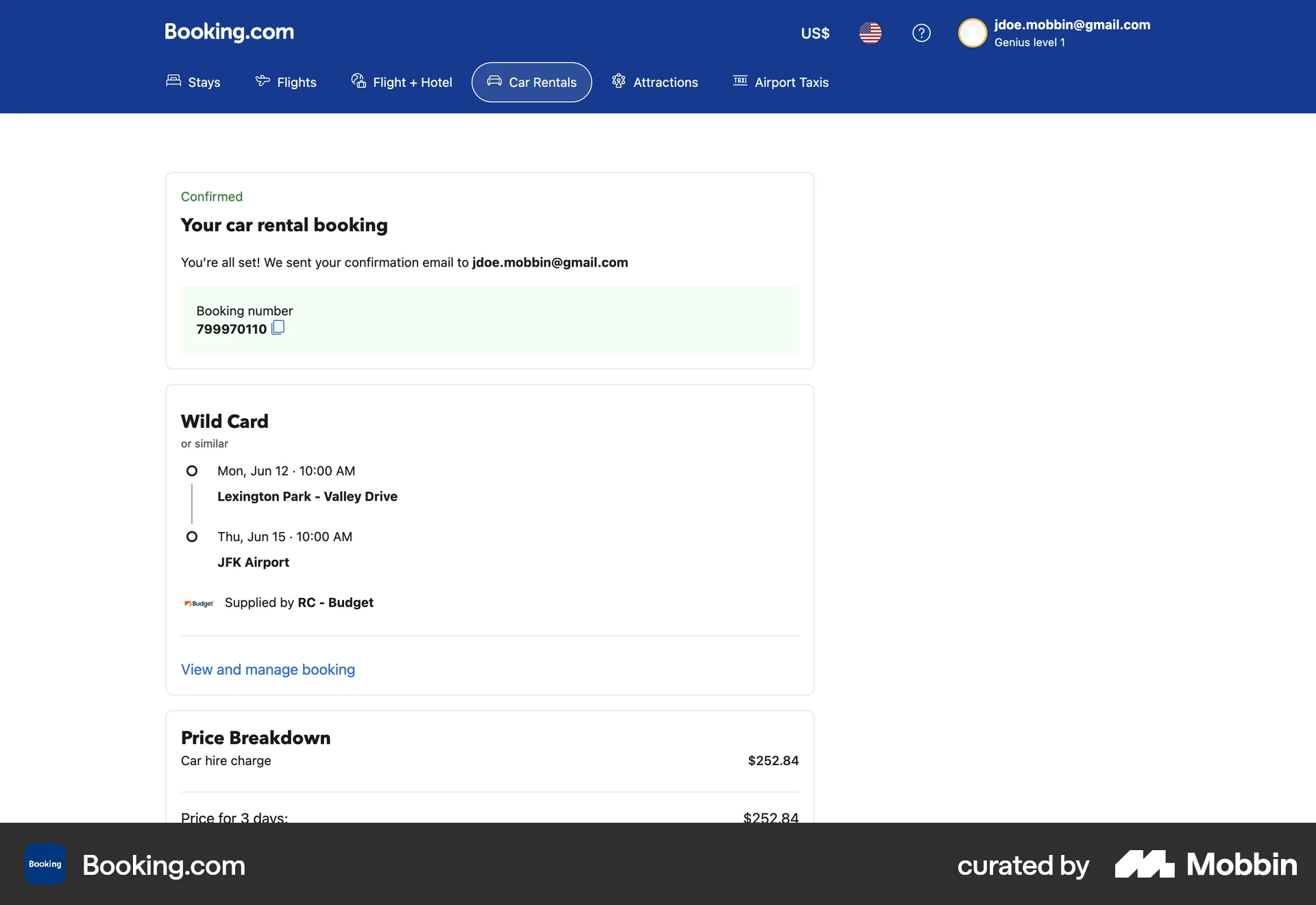 Booking.com Web Order Confirmation screen