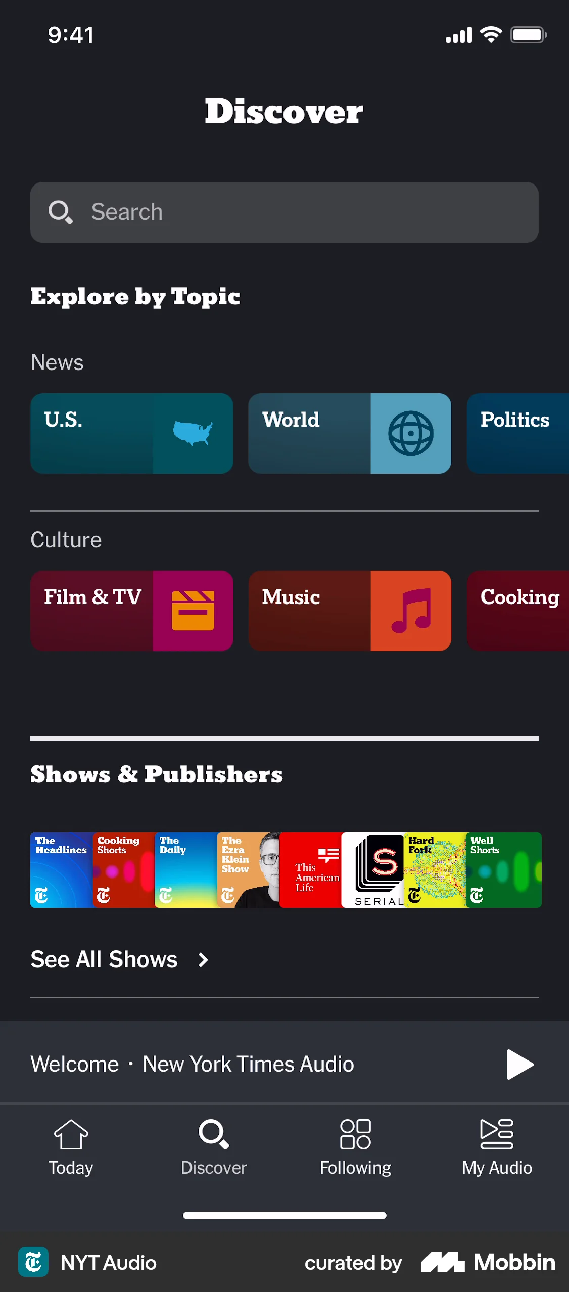 NYT Audio iOS screen containing Search Bar UI element