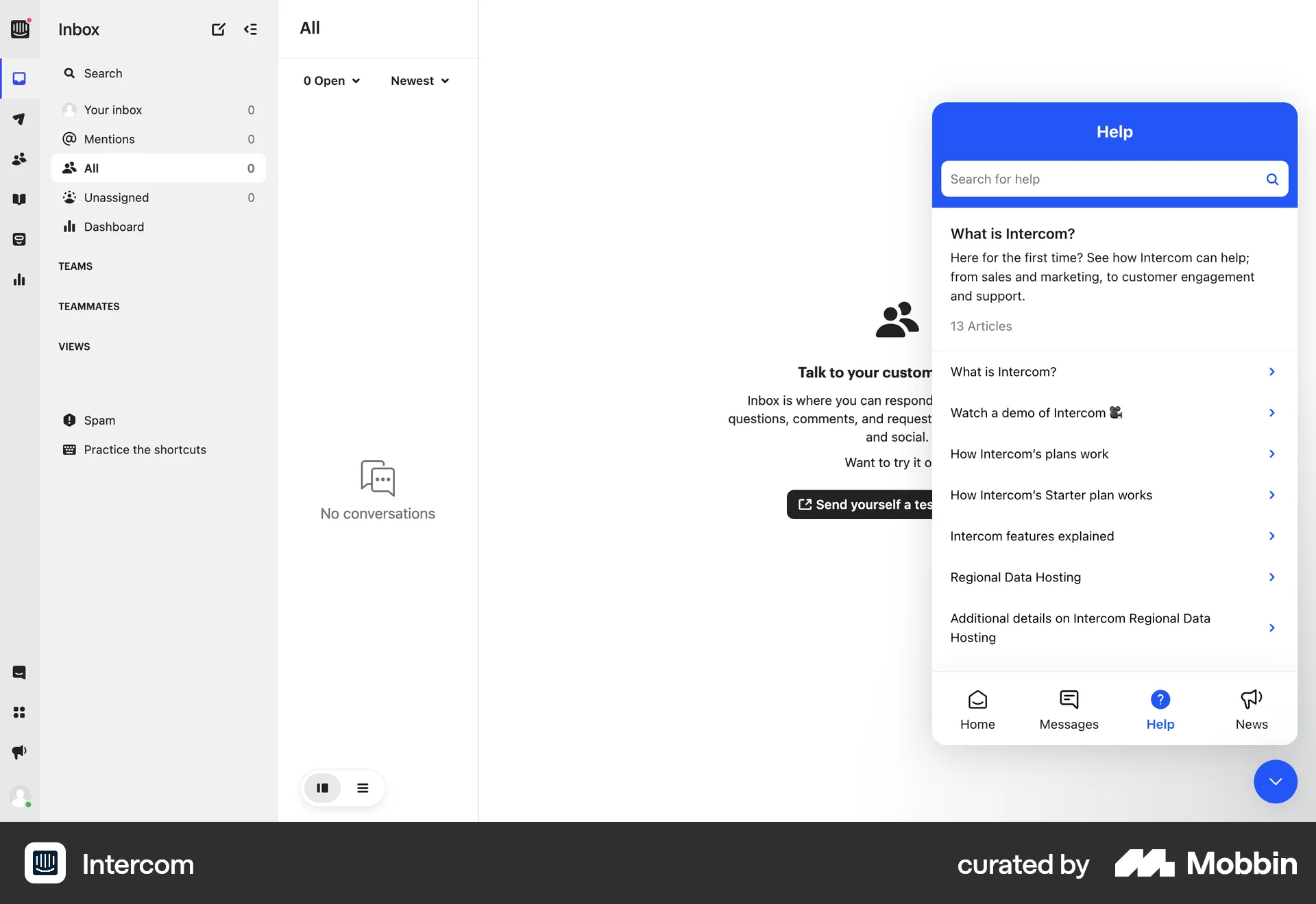 Intercom Web Help & Support screen