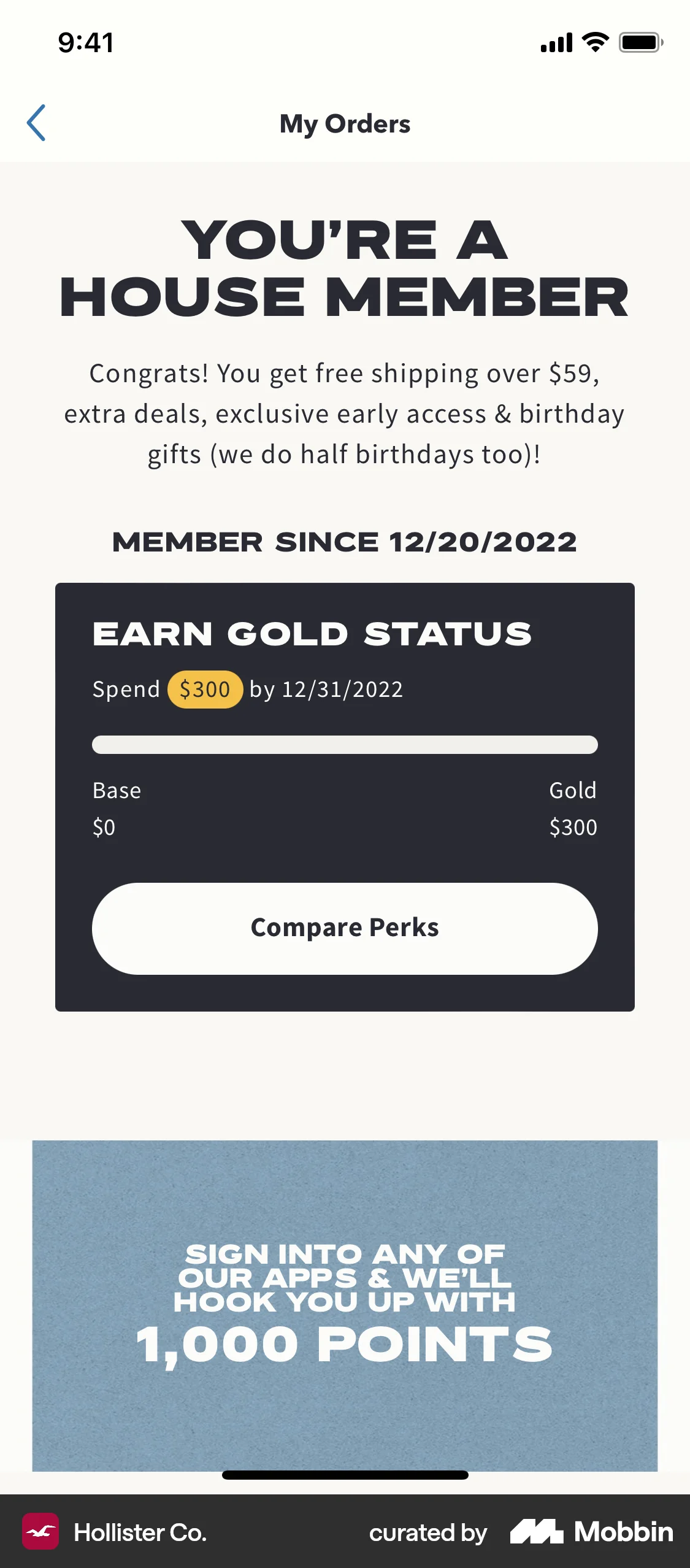 Hollister Co. iOS Promotions & Rewards screen