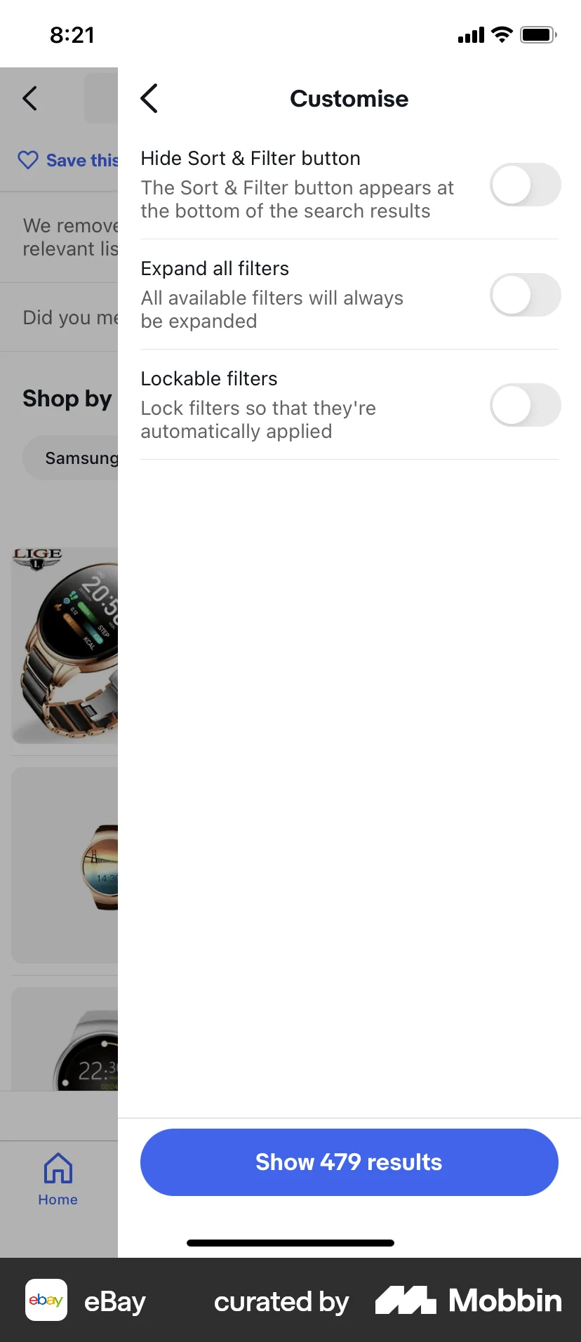 eBay iOS screen containing Drawer UI element