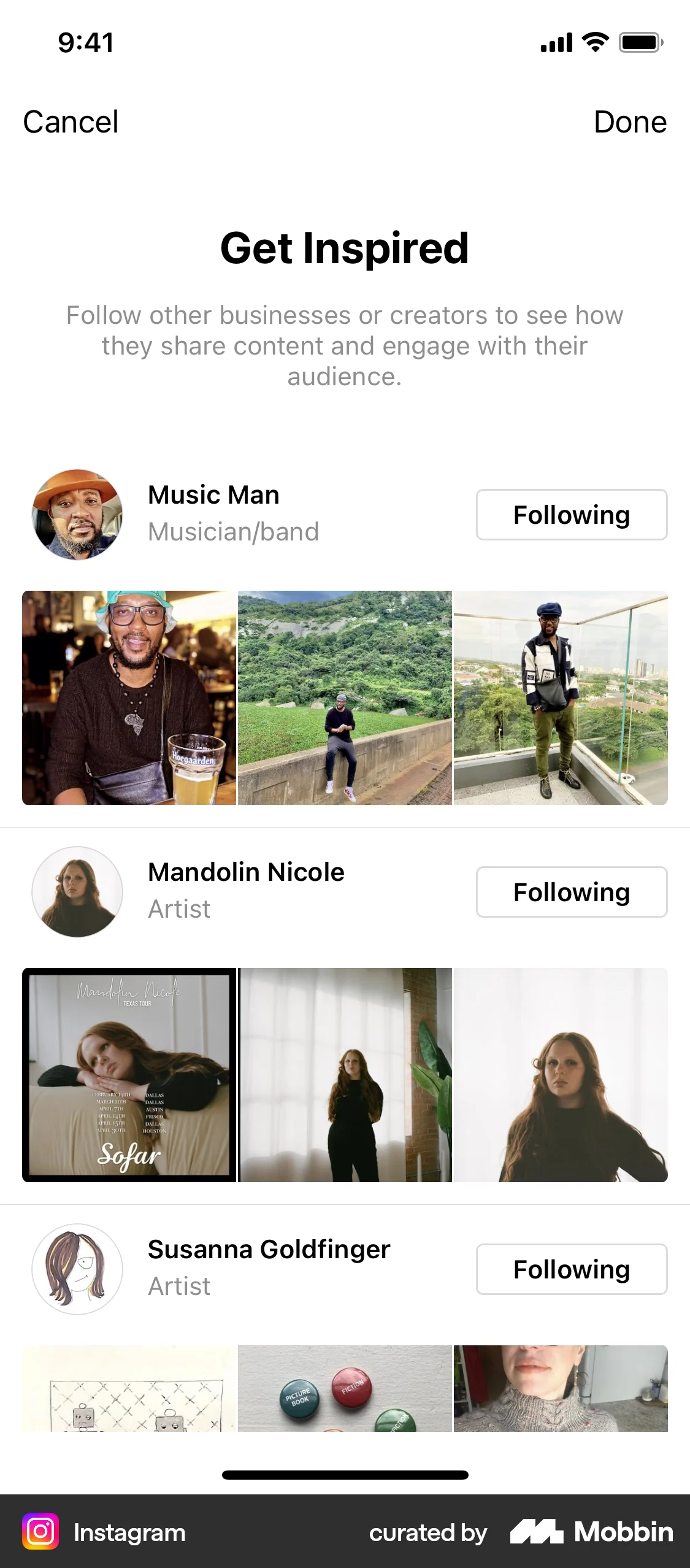 Instagram iOS Follow & Subscribe screen
