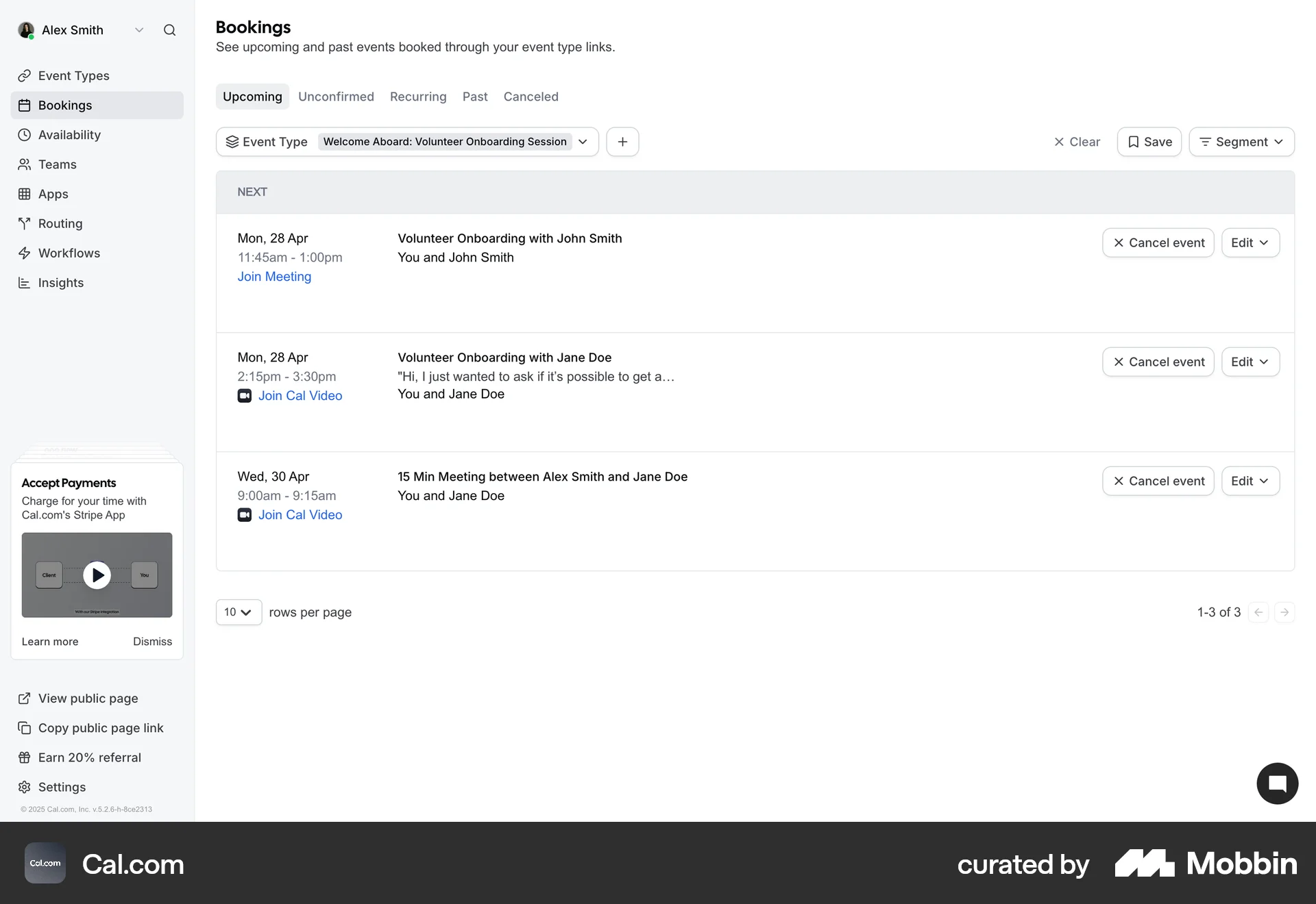 Cal.com Web screen containing Pagination UI element