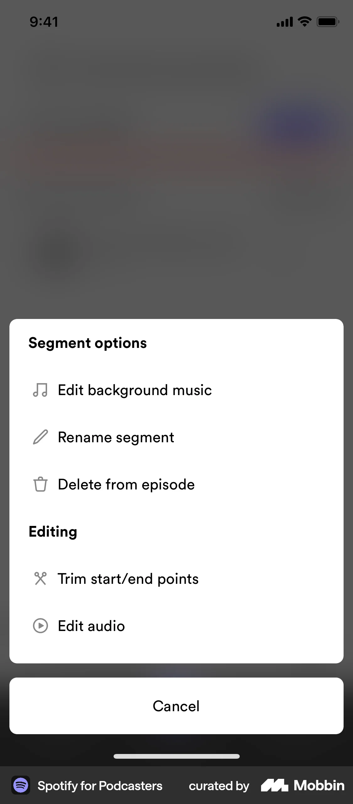 Spotify for Creators iOS screen containing Action Sheet UI element