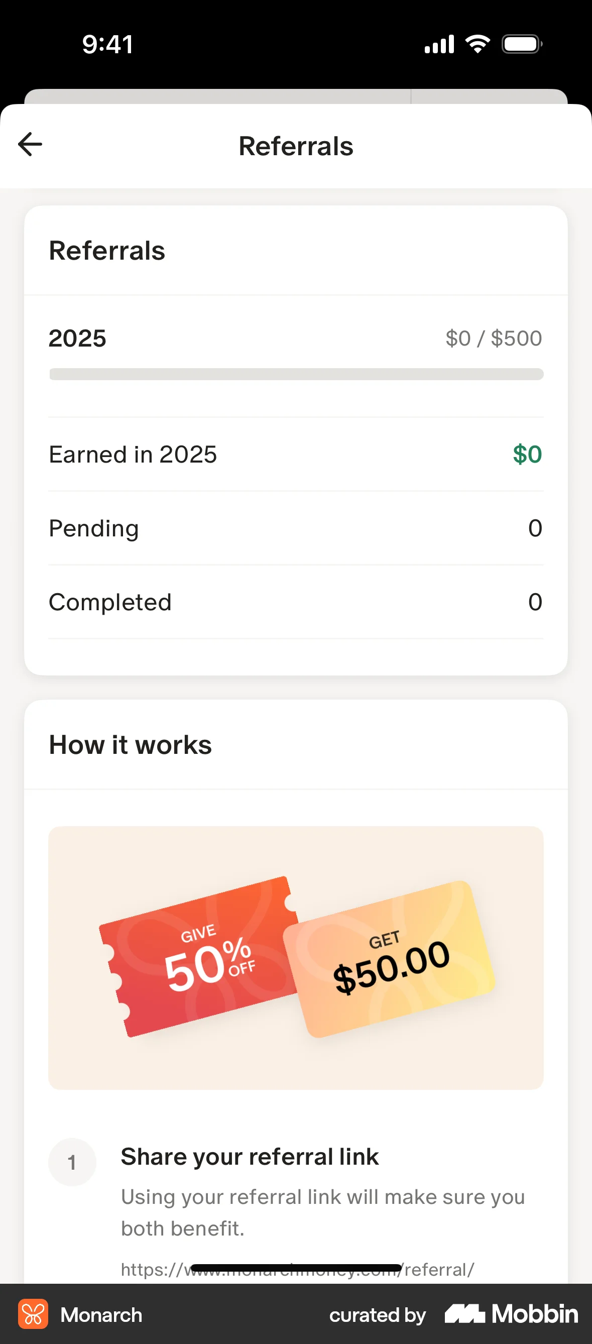 Monarch iOS Invite & Refer Friends screen
