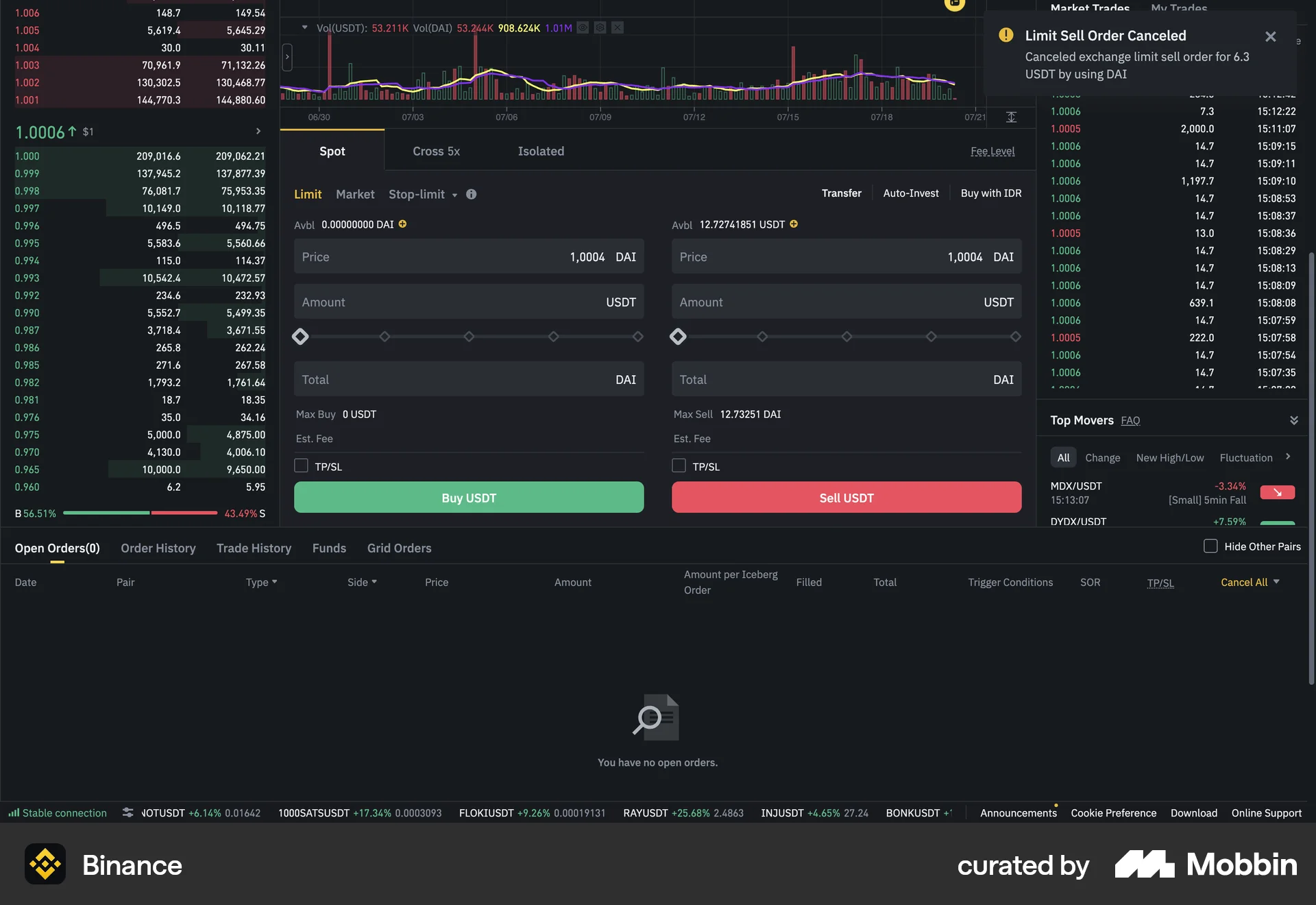 Binance Web screen containing Toast UI element