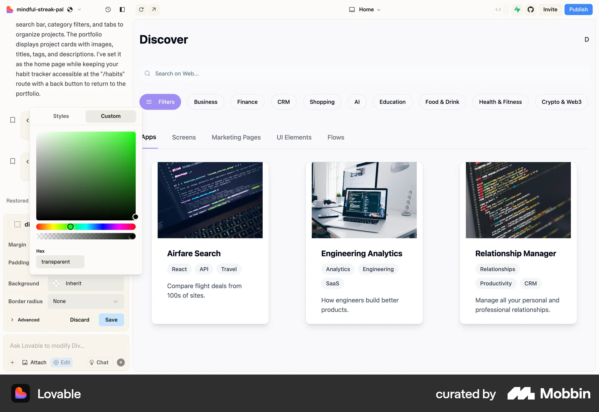 Lovable Web screen containing Color Picker UI element