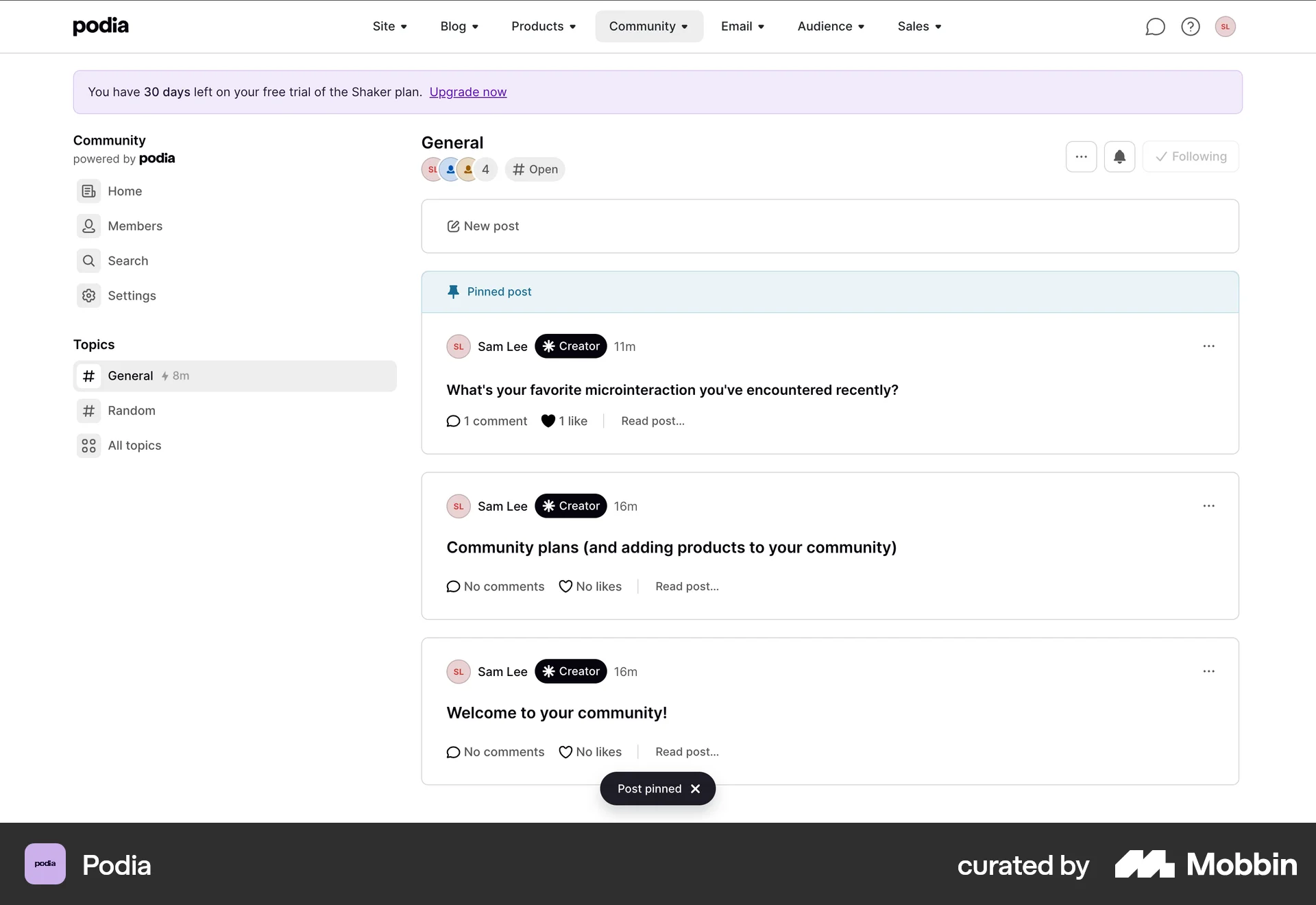 Podia Web Favorite & Pin screen